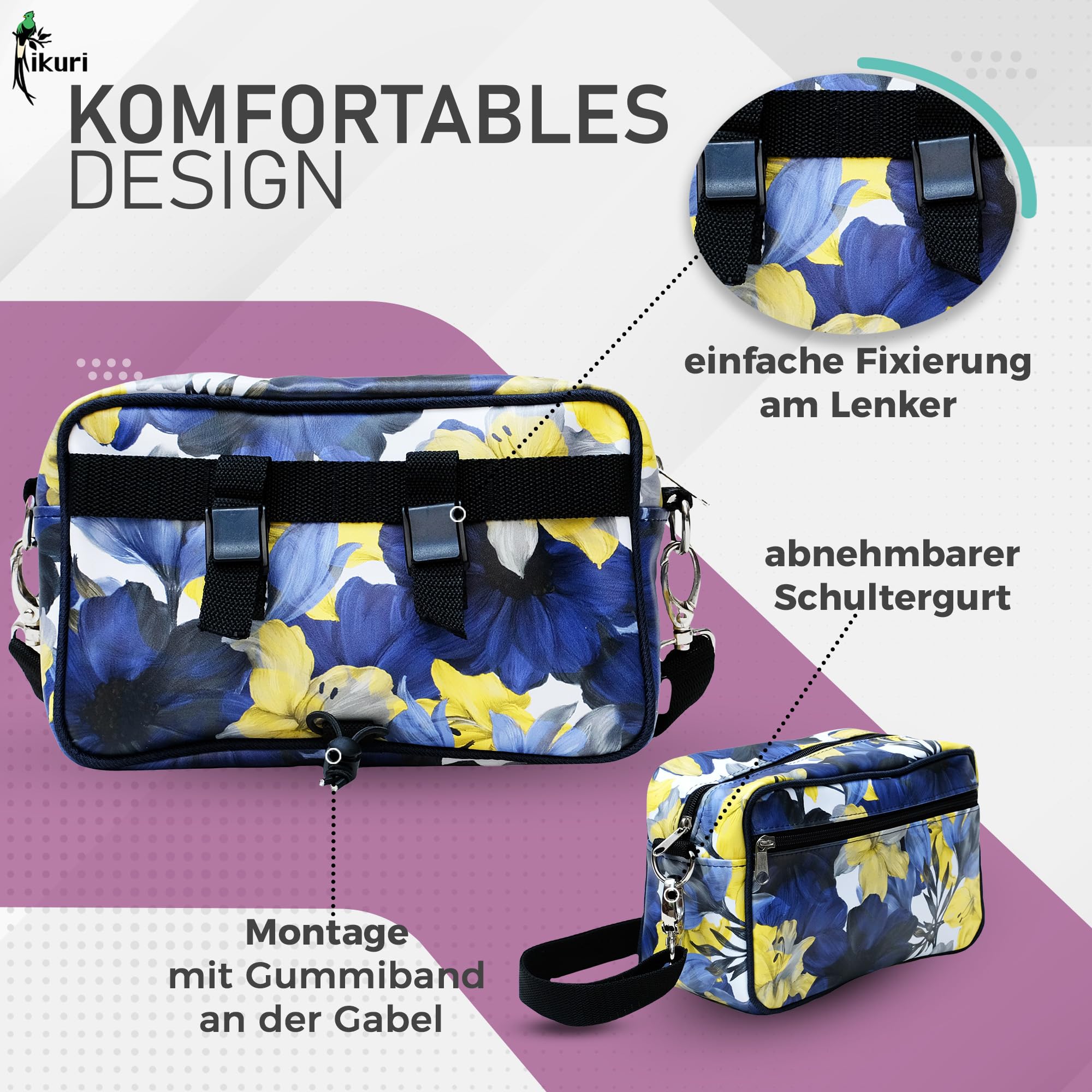 Ikuri Lenkertasche Fahrradtasche aus bedruckter Plane, mit abnehmbarem Schultergurt, für Frauen Wasserdicht Bike Bag - Design Azucena