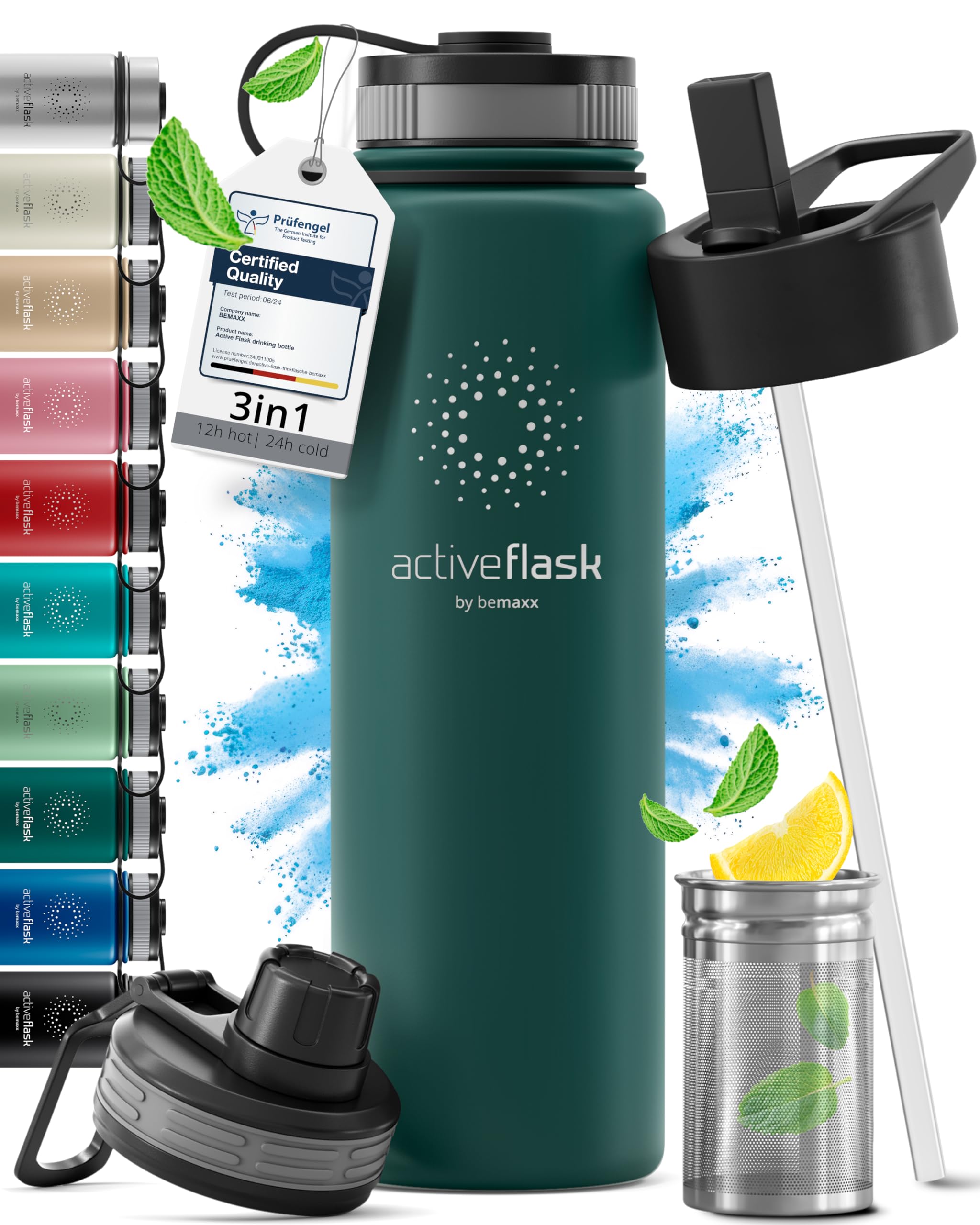 Trinkflasche Edelstahl ACTIVE FLASK + Strohhalm (3 Deckel) BPA-frei, Auslaufsicher, Kohlensäure geeignet - Wasserflasche Fahrrad Thermosflasche Isoliert Isolierflasche Sport Wasser Flasche Kinder Tee