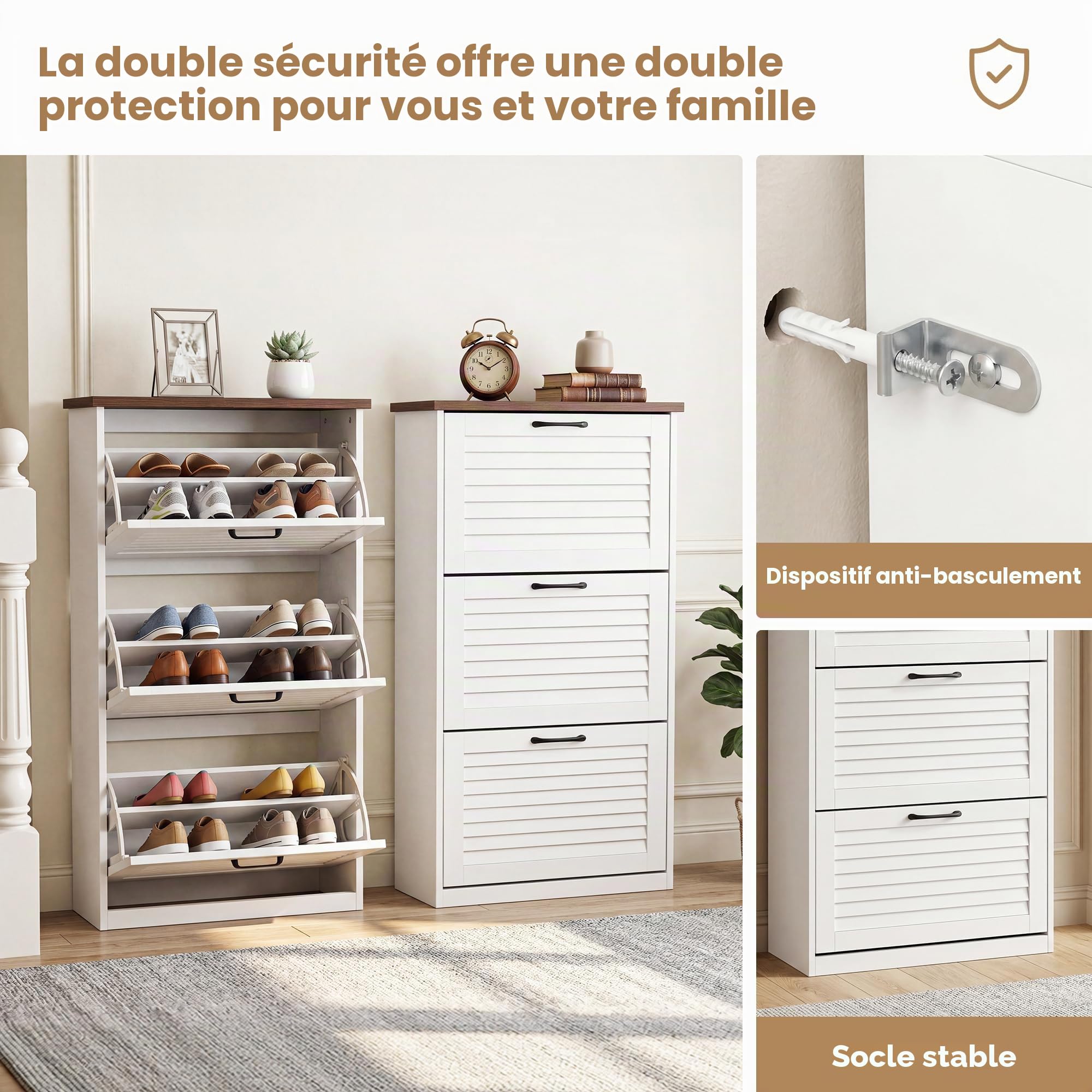 BonVache Meuble à Chaussures Entrée, Meuble à Chaussures 3 Portes