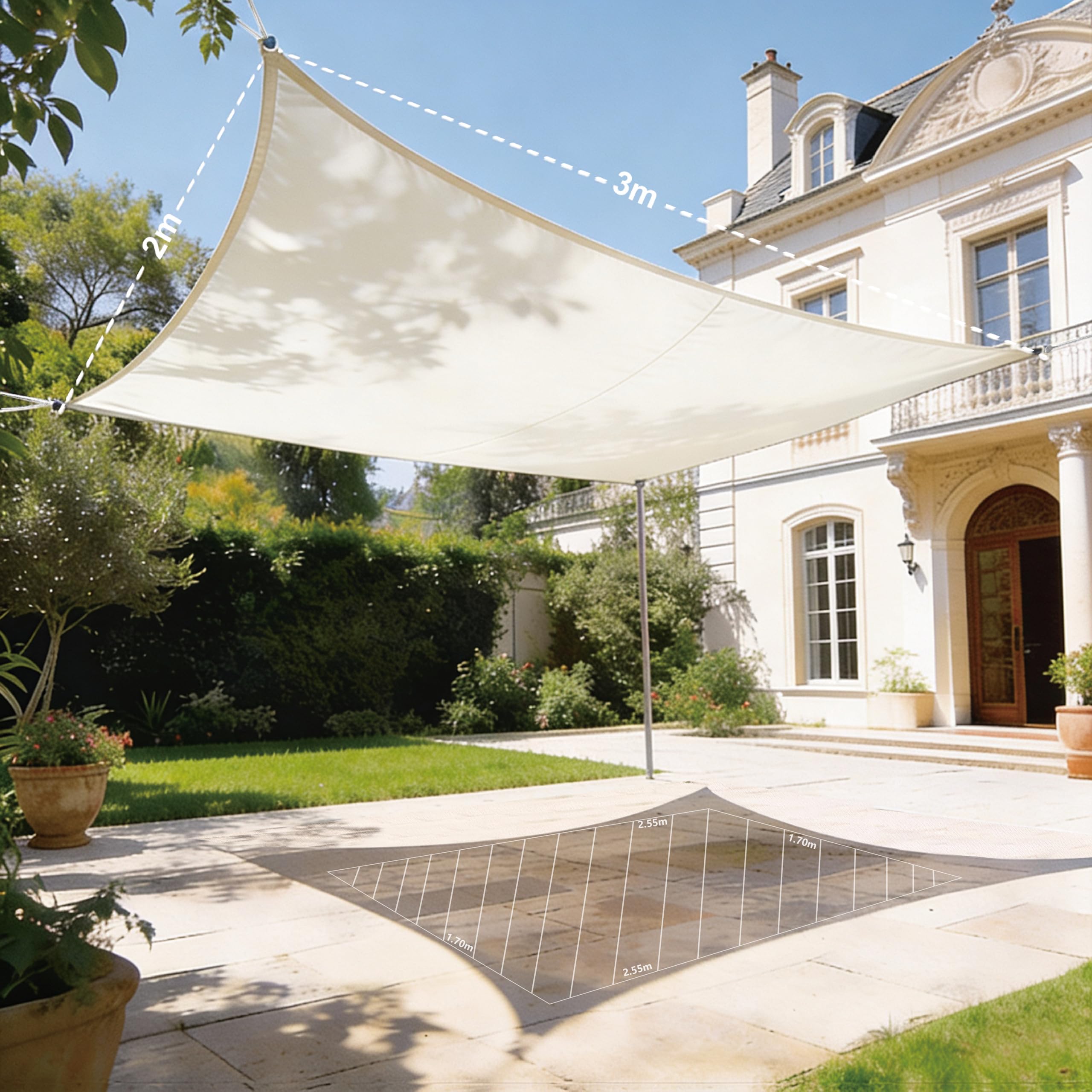 HAIKUS Tenda a Vela Impermeabile Rettangolare 2x3 m, Protezione Raggi UV 98%, Vela Ombreggiante Quadrata 3x2 m, Telo Tenda da Sole per Esterno, Giardino Terrazzo, Bianca Beige