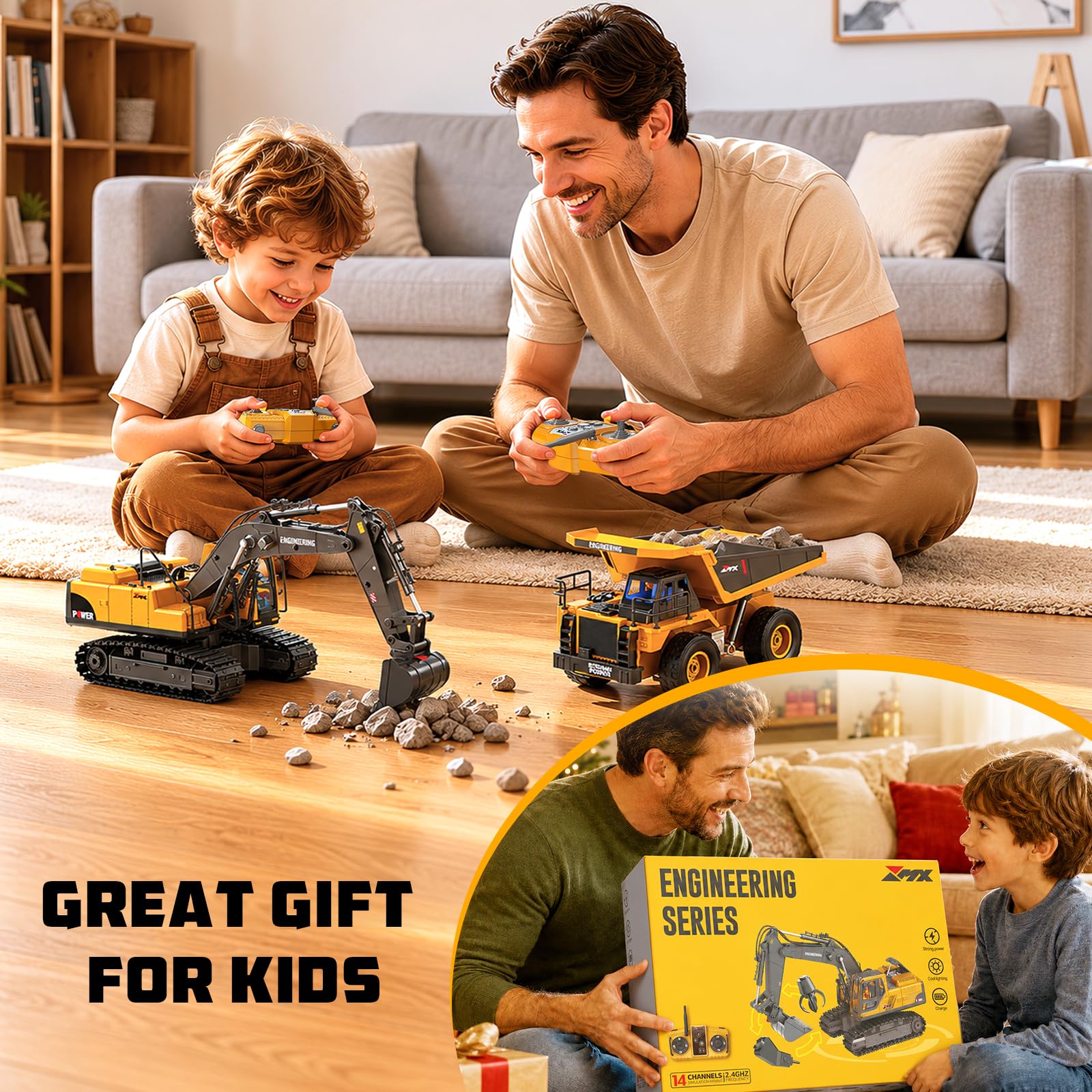 GraceDuck Excavadora Teledirigido y Camiones de Juguete para Niños – Kit 3 en 1 de Construcción con 2 Mandos, Camion Teledirigido Accesorios de Metal Juguetes de Playa, Regalo para Niños 6-12 Años