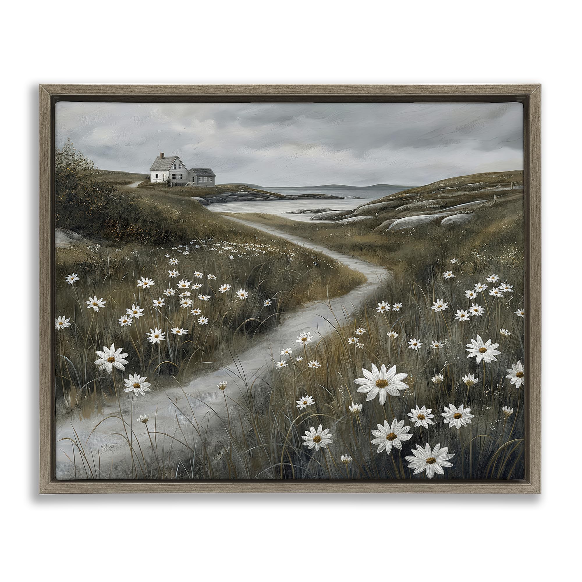 Stupell Industries Daisies Along a Coastal Path, Greyscale Meadow and Seaside Landscape Wall, 24 x 30 Inch Gallery Wrapped Canvas Wall Art in Floater Frame, by Imagine It Images, Made in USA Gift