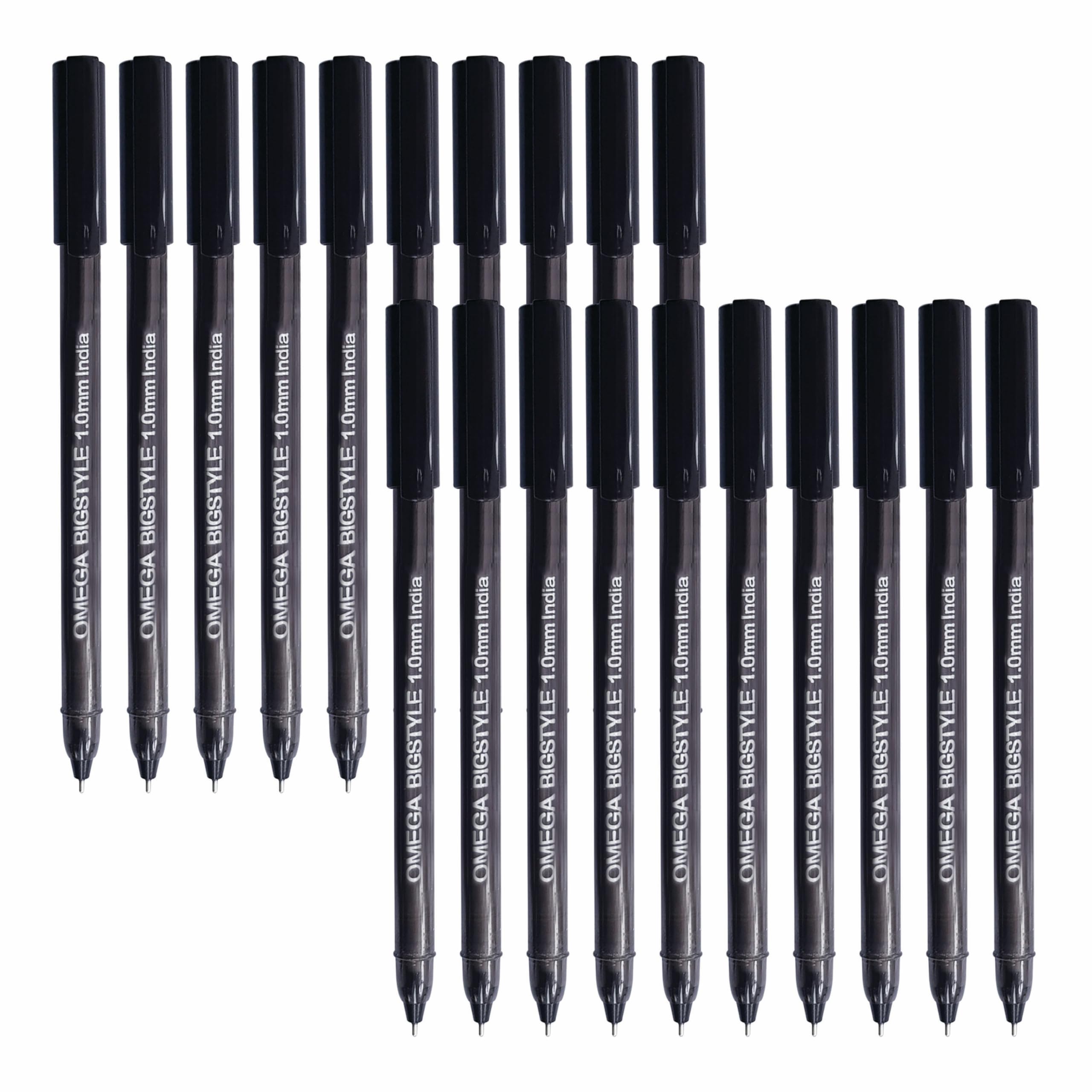OMEGA BigStyle Ballpoint Pens, BLACK, Medium Point (1.0 mm), Pack of 20, Multipack, Smooth Ball Pens