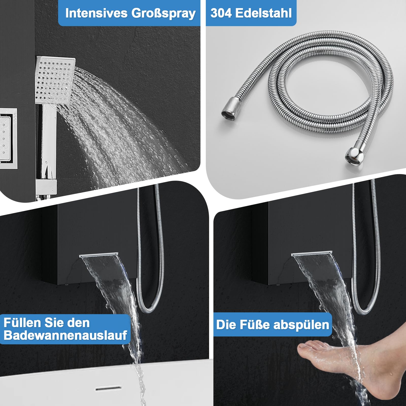 Panel de ducha con grifo y luces LED, con batería, columna de ducha, juego completo con ducha de lluvia, ducha cascada, chorros de masaje cuadrados, ducha de mano y caño de bañera, acero