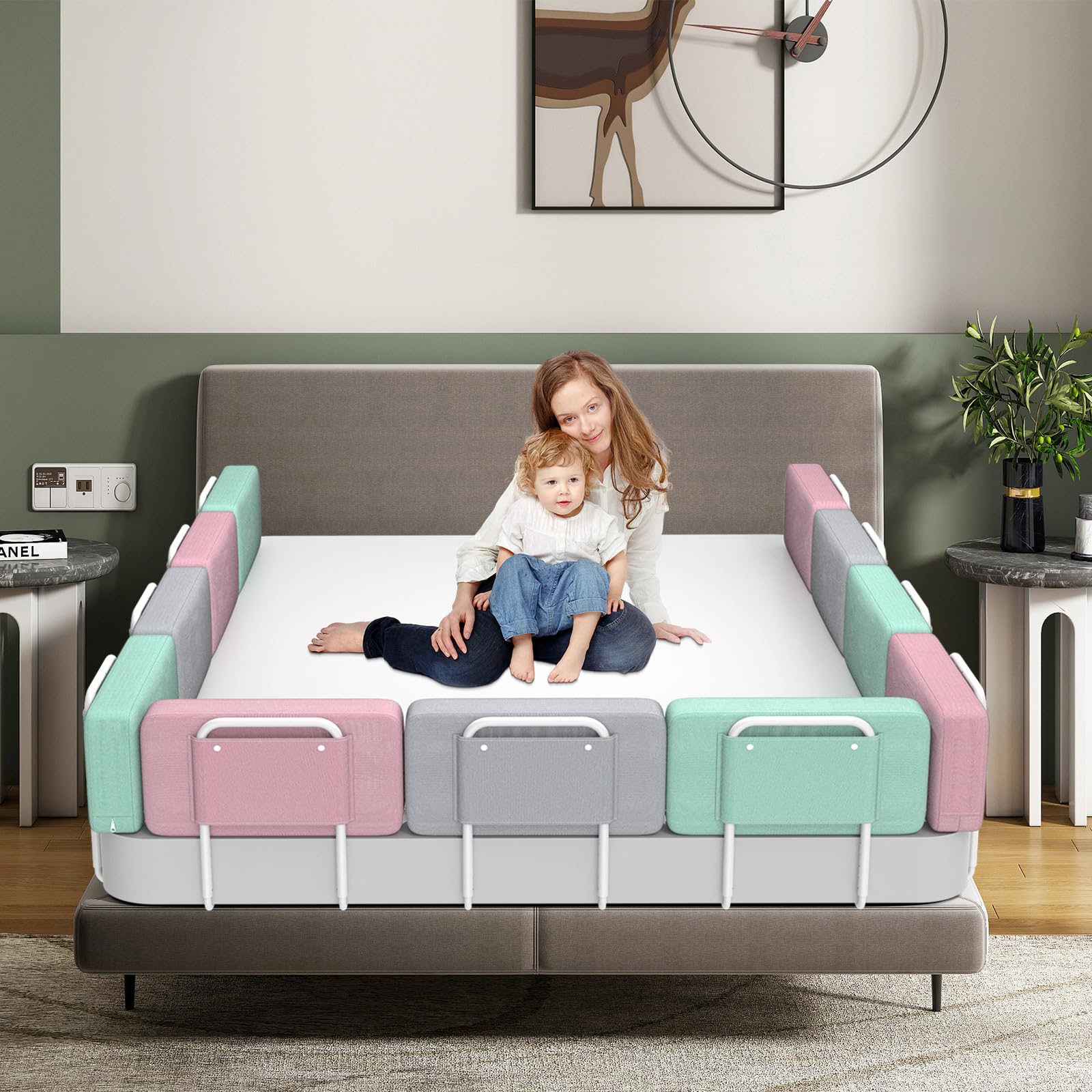 Barrera de Seguridad para niños – Barrera de Cama para niños con protección de Bordes, Seguridad para Cama Infantil, Altura Ajustable 40-60 cm, Desmontable, portátil, Verde, 60cm