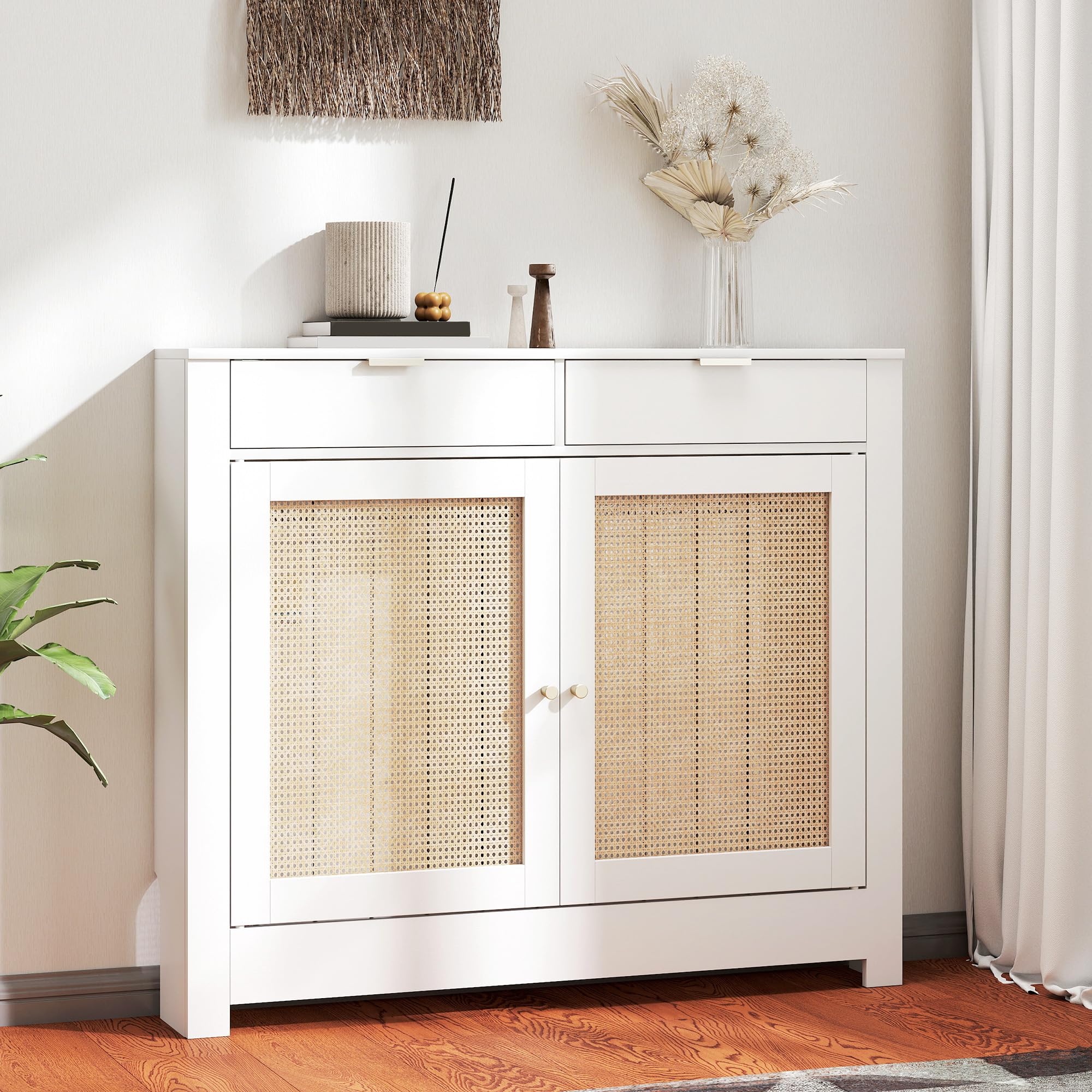 HOMCOM Cubre Radiadores con Puerta Abatible y Ratán 111x19x95,5 cm Blanco | Cubreradiador de MDF, Cubierta para Radiador, Compartimento, Diseño Bohemio, para Salón, Dormitorio