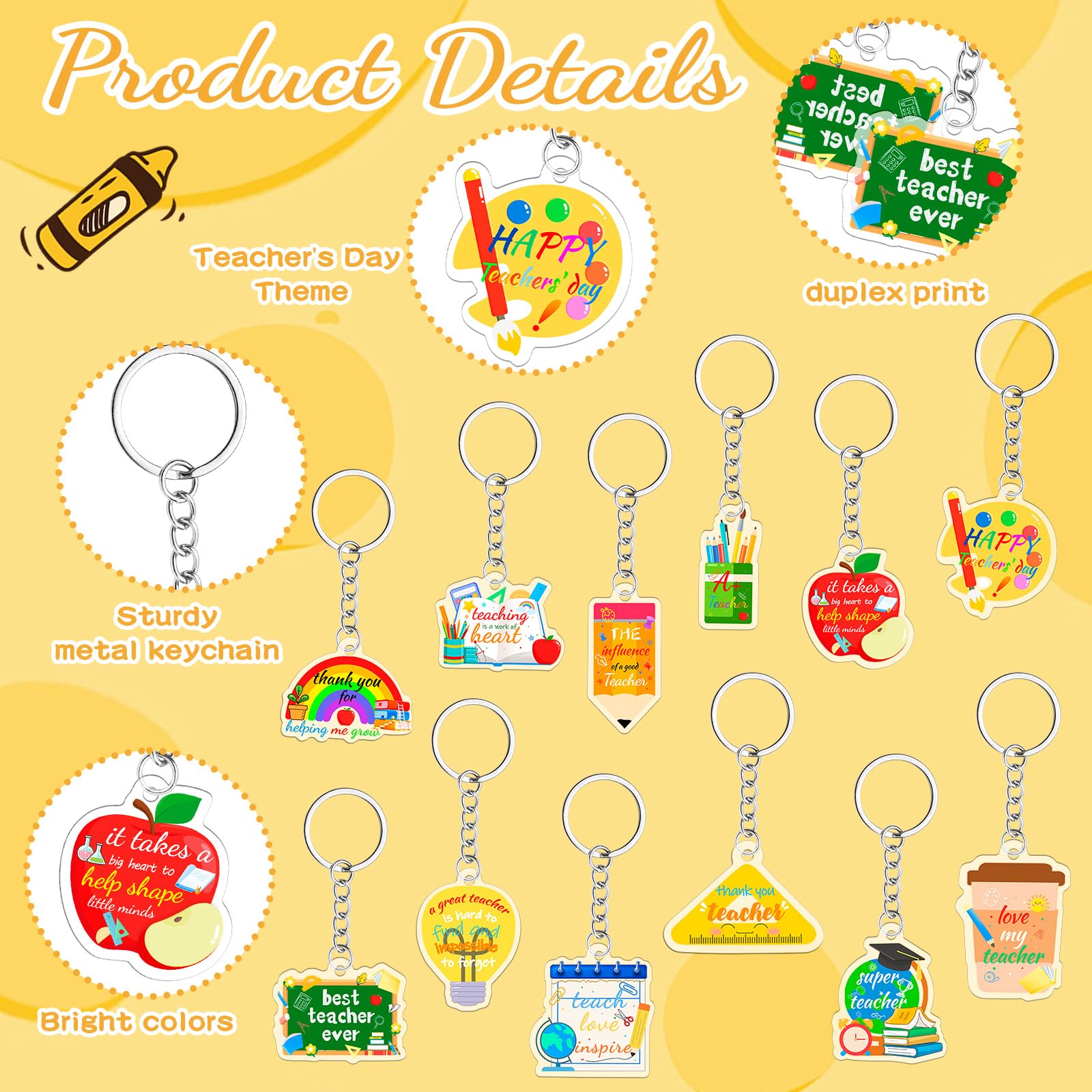 60 Pcs Teacher Keychain Teacher Appreciation Gifts in Bulk 12 Style Apple Acrylic Keychain Key Rings Thank You Key Chain Graduation Gift for Teachers Women and Men