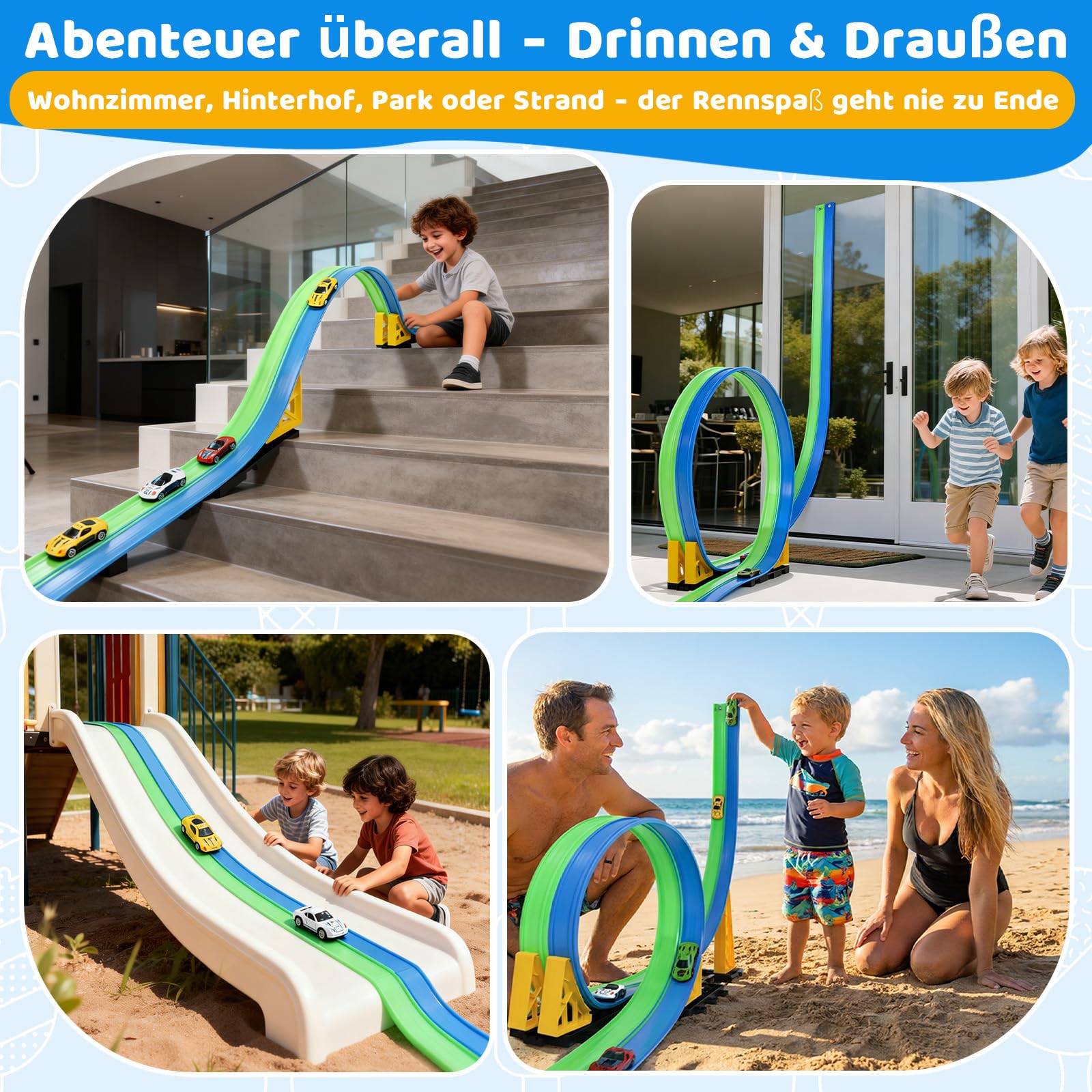 Flexible Autorennbahnen Kinder, 4.5M Rennbahn Inklusive 4 Autos, Tragbare Dual-Rennstrecke mit Rampen für 1:64 Autos, Spielzeug Geschenk für Kinder ab 3+ Jahren, Blau-Grün