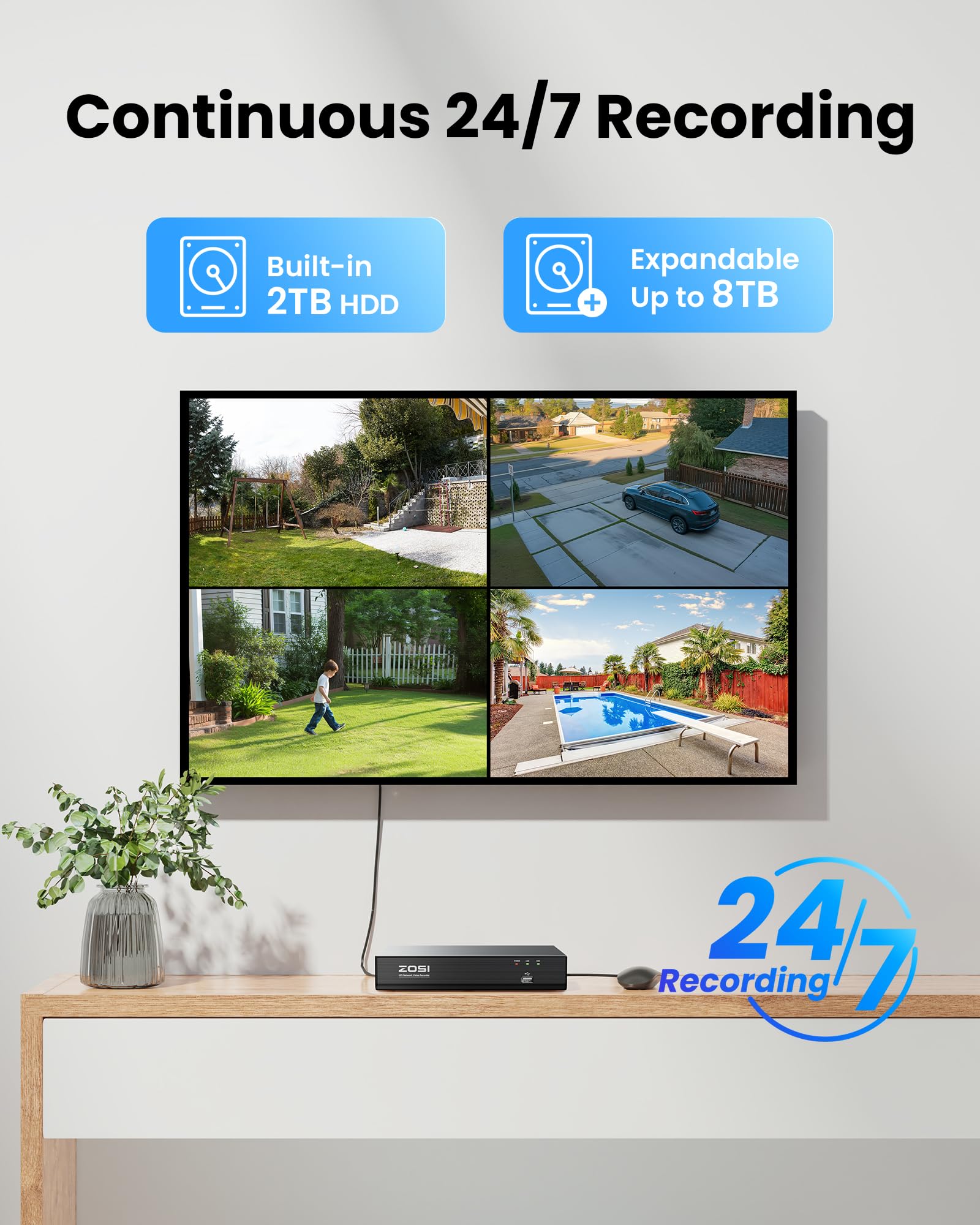 ZOSI 4K Überwachungskamera Set Aussen, 8MP PoE IP Kamera mit 8CH 2TB HDD NVR, 355°/140° Schwenkbar, KI Personen-/Fahrzeugerkennung, Auto-Tracking
