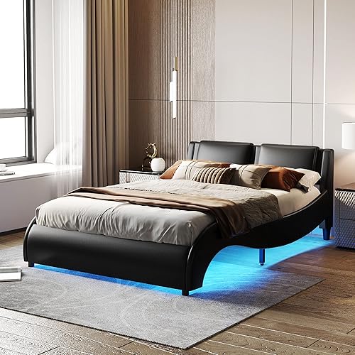 BIADNBZ Cama de plataforma ondulada tamaño Queen con luz LED ajustable, moderna base de cama tapizada de piel sintética para niños con soporte de