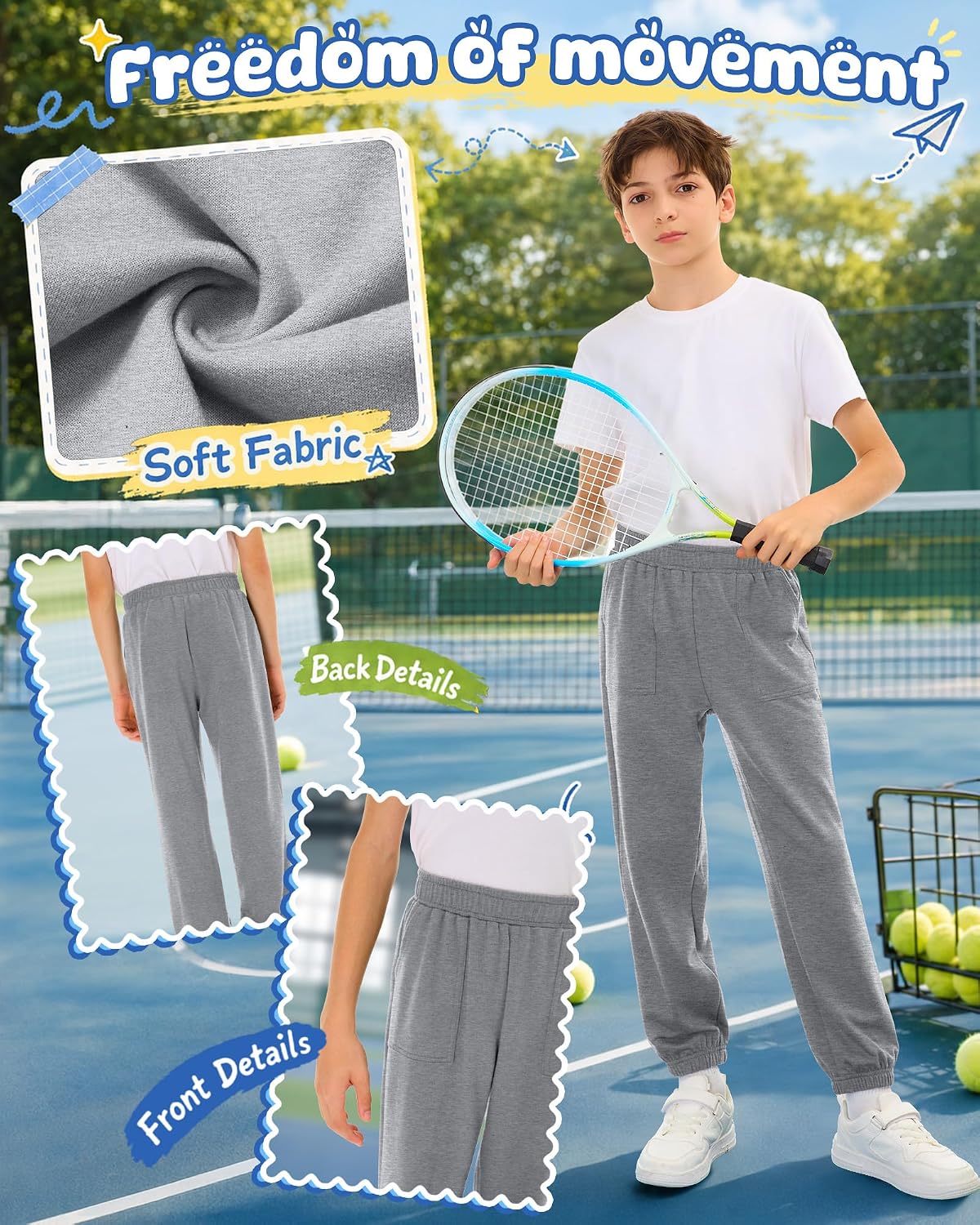 Yooo's Vivi 3 Pack Boys' Sweatpants Baggy Elastic Waist Joggers Kids Casual Wide Leg Straight Athletic Pants with Pockets