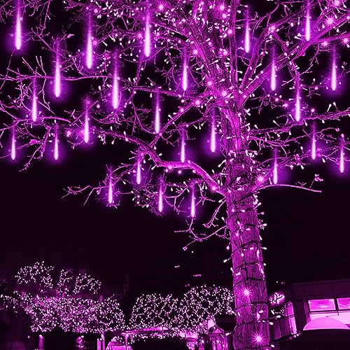 Miniatura 2 de Kwaiffeo Luces de Navidad blancas de 24 tubos y 8 tubos moradas para exteriores, luces de lluvia de meteoritos para árbol de Navidad, decoración de