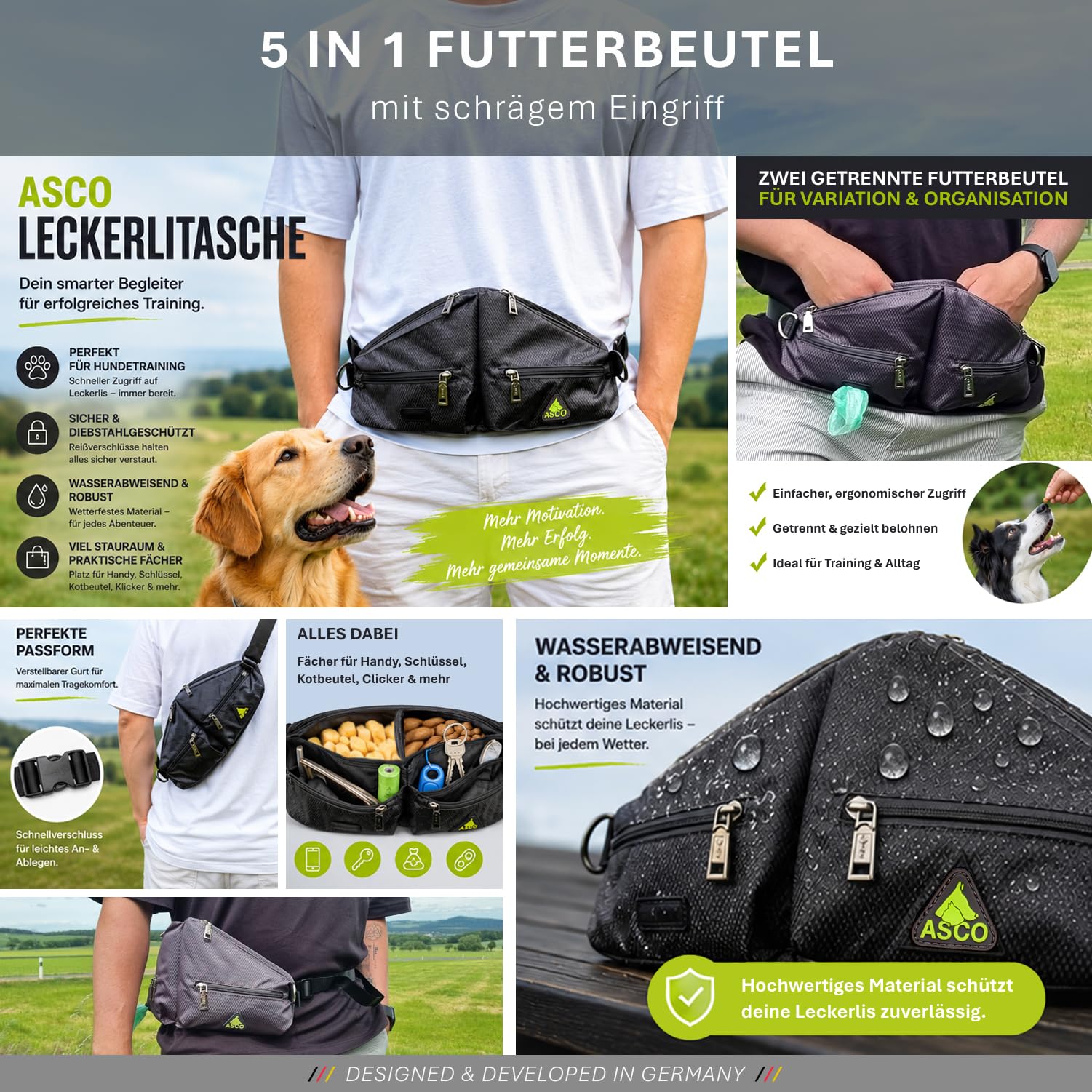 ASCO Bolsa para golosinas Duo para perros con 2 bolsillos para golosinas, bolsa de comida con compartimento para teléfono móvil y dispensador de bolsas de excrementos, bolsillo para comida con acceso