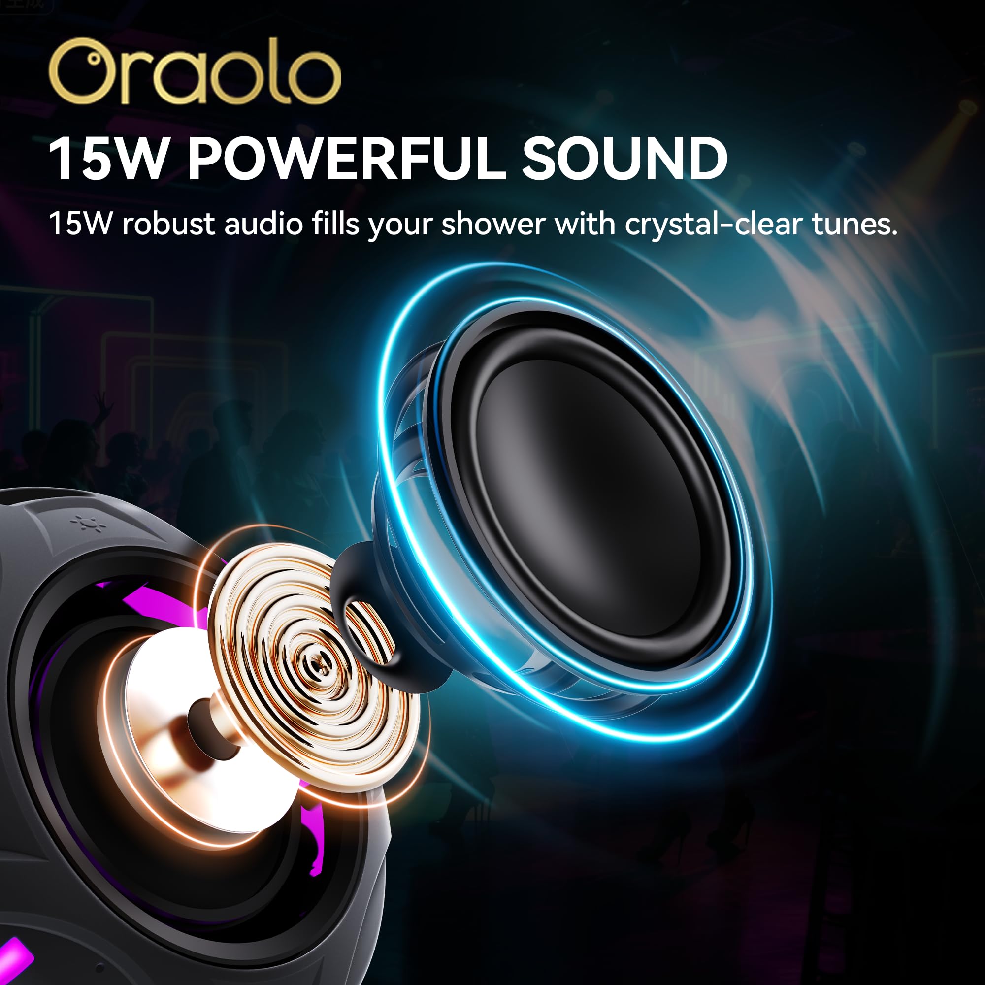 Oraolo Portable Bluetooth Speaker, Shower Speaker with RGB Lights, IPX7 Waterproof, Bluetooth 6.0, 10H Playtime, Hands-Free Calling, Wireless Outdoor Speaker for Pool, Kayak, Bike, Golf - 2