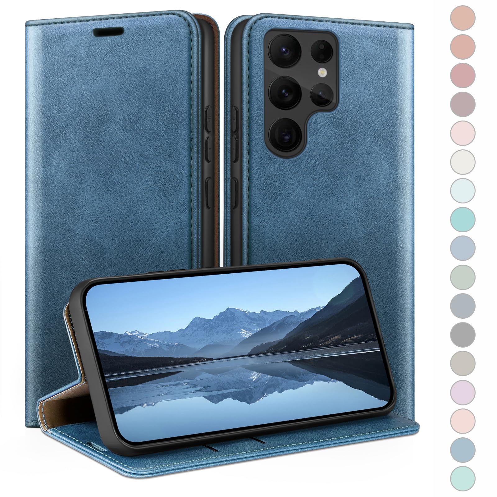 HUOUH Funda para Samsung Galaxy S24 Ultra titular de tarjeta de crédito,Cubierta a prueba de golpes teléfono Funda,Estuche de Billetera cuero de PU con Bloqueo RFID para SamsungS24Ultra Azul Brillante