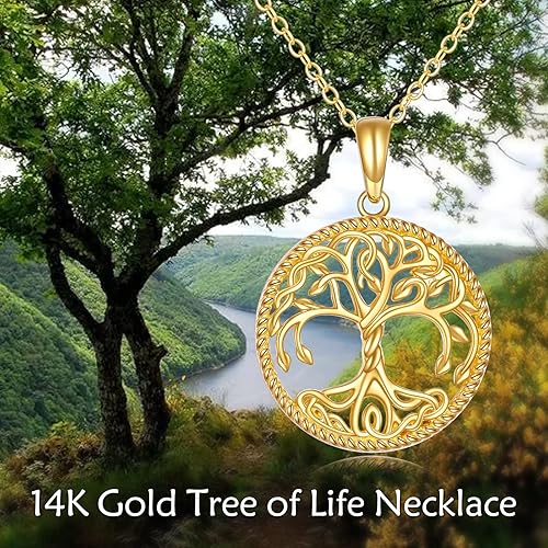 Miniatura 5 de KECHO Collar con colgante de árbol de la vida de oro amarillo de 14 quilates para mujer, joyería fina para árbol genealógico, Yellow Gold, Circonia