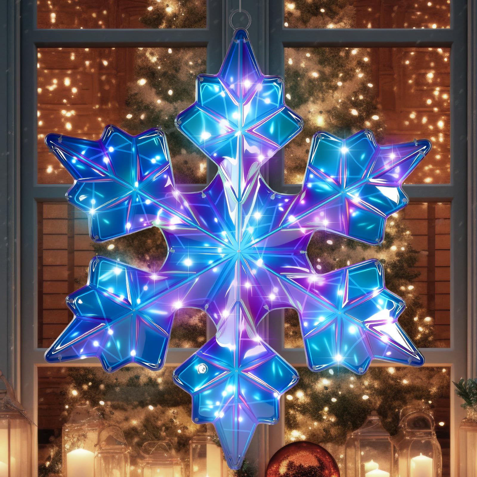 Nuanchu Grande guirlande lumineuse de Noël en forme de flocon de neige de 63,5 cm pré-éclairée à 155 DEL à suspendre pour grande fenêtre, lumières prismatiques irisées, imperméables pour Noël, maison