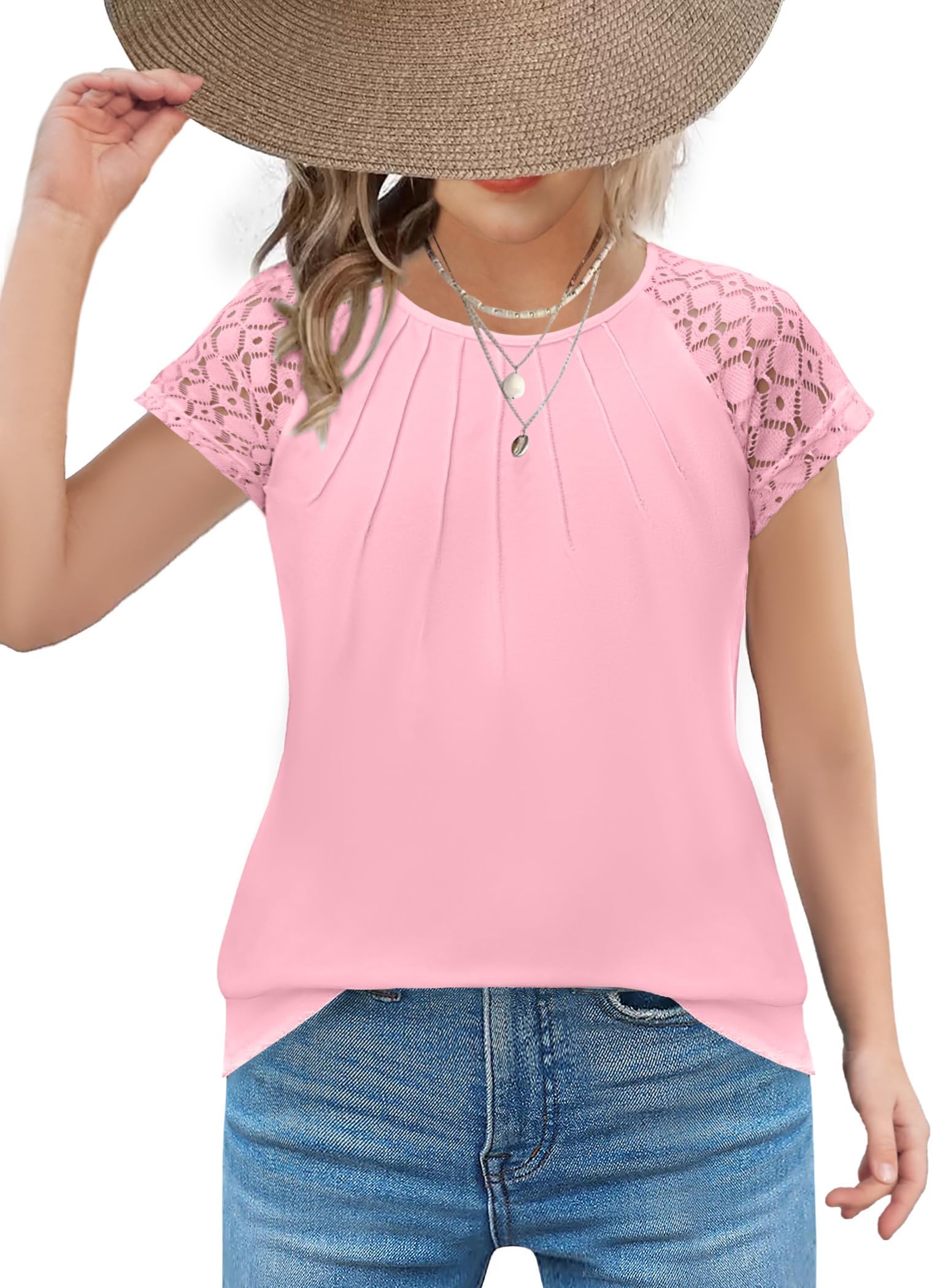 Girls Shirts Short Sleeves Lace Pleated Kids Summer Tops Casual Crewneck Blouses Tees
