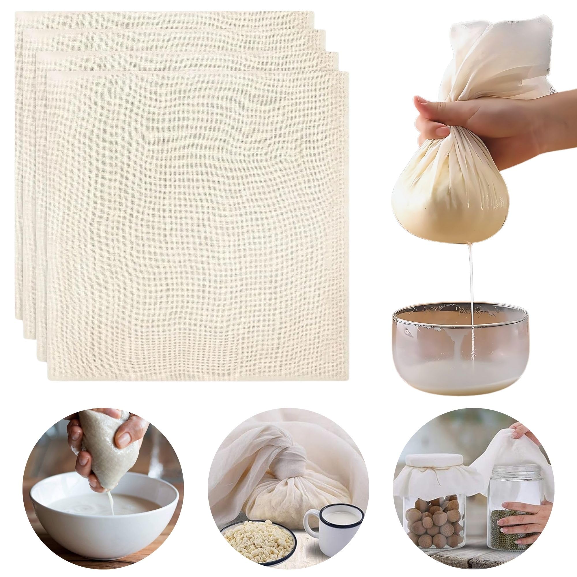 Hian Reusable Cheesecloth Set of 8, 17x17 Hemmed Unbleached Cotton – Washable, Durable Strainer for Nut Milk, Yogurt, Juice, Cheese, Baking & Multipurpose Kitchen Use