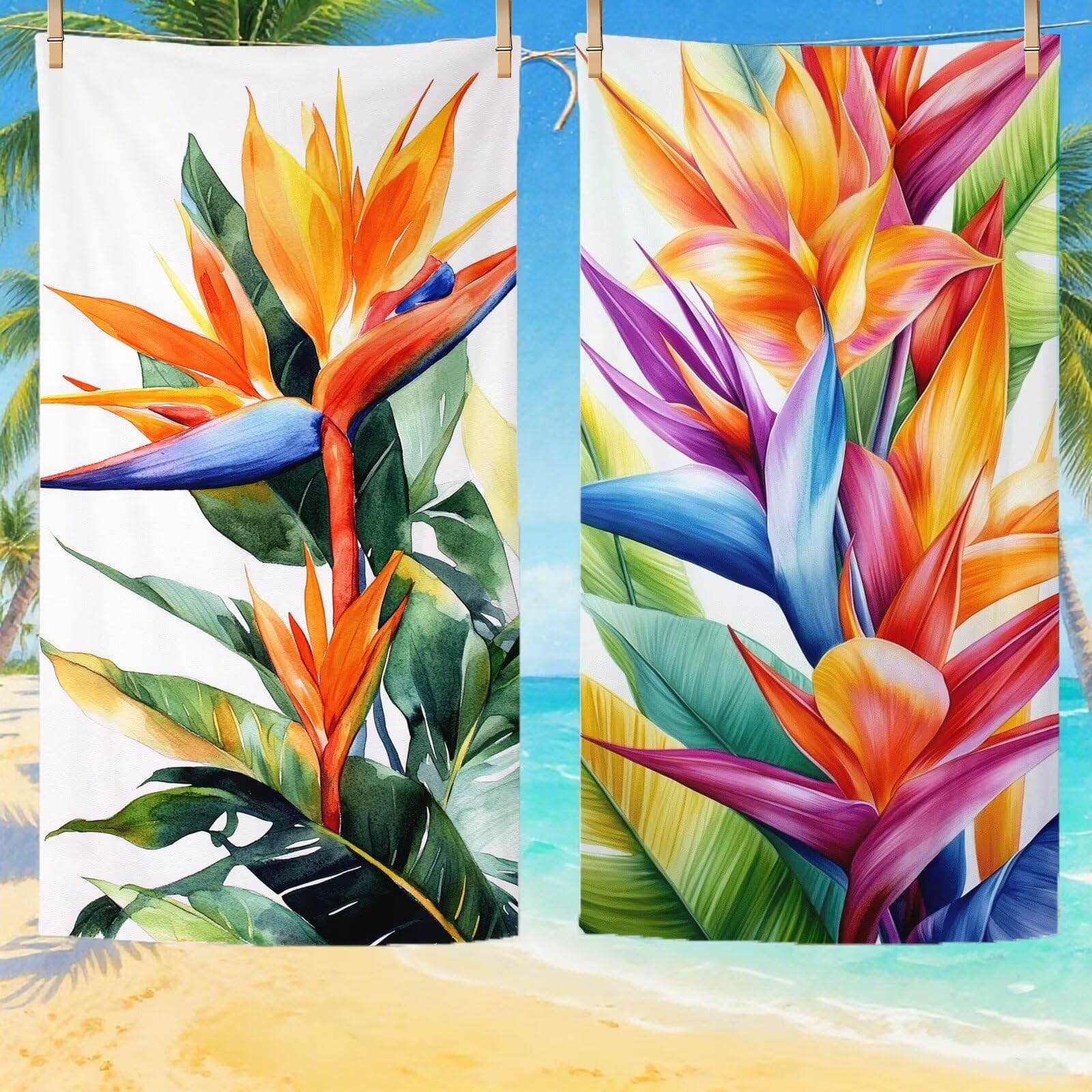 Serviette Plage Tropical Motif, Serviette de Plage XXL 90x180 cm avec Sac, Serviettes de Bain Microfibre Séchage Rapide Anti-Sable Absorbante Fonction pour Bain, Sport, Voyages, Sauna, Piscine Q-802