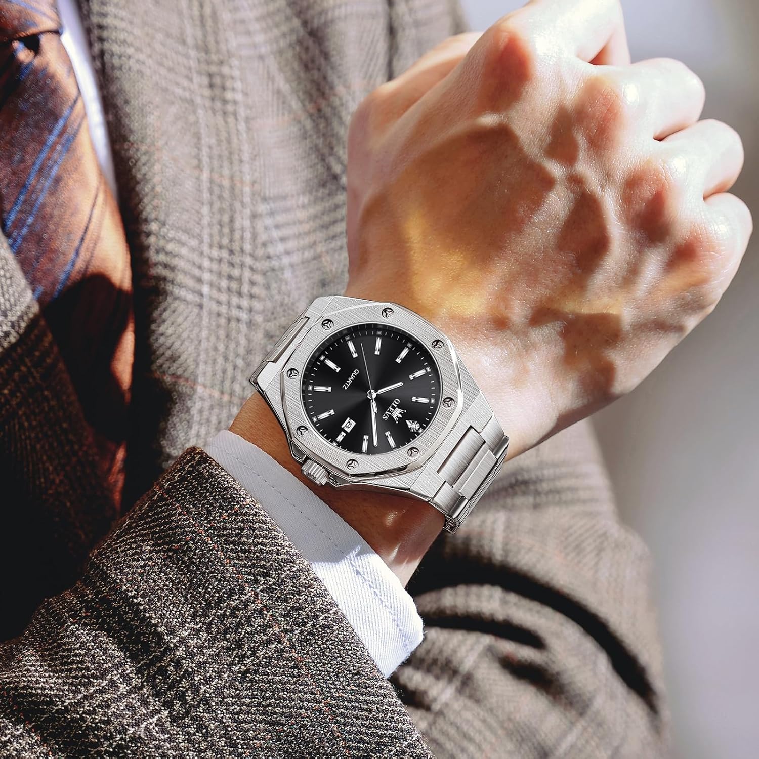 OLEVS Men's Stainless Steel Watch, Large Face Octagonal Three-Hand Analog Quartz Watches for Men, Luxury Easy to Read Calendar Date Waterproof Luminous Mens Wristwatch - Image 3