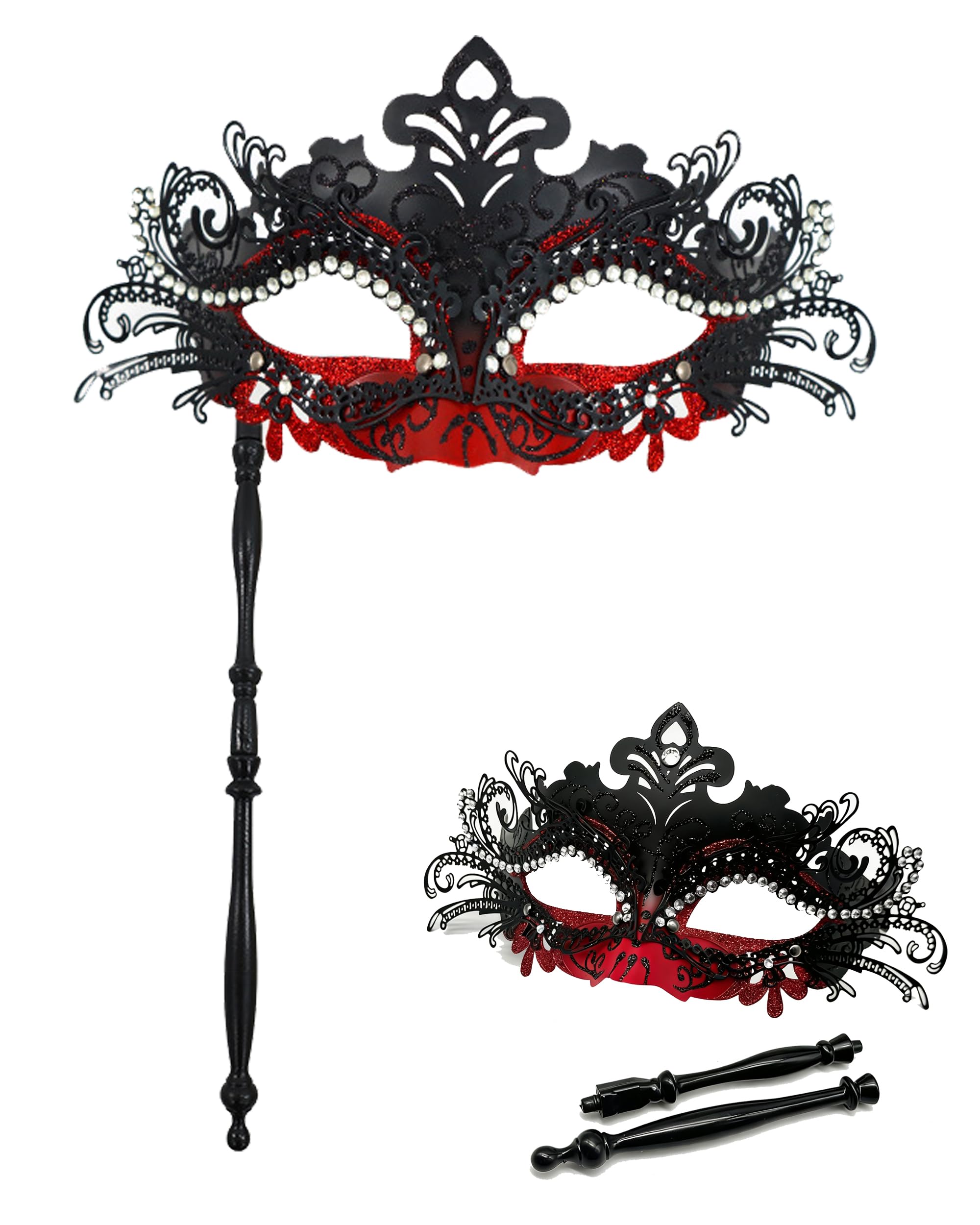 HeHeGe Masquerade Mask for Women with Stick Metal Shiny Rhinestone Venetian Mask Prom Mardi Gras Ball &Halloween Party (red)