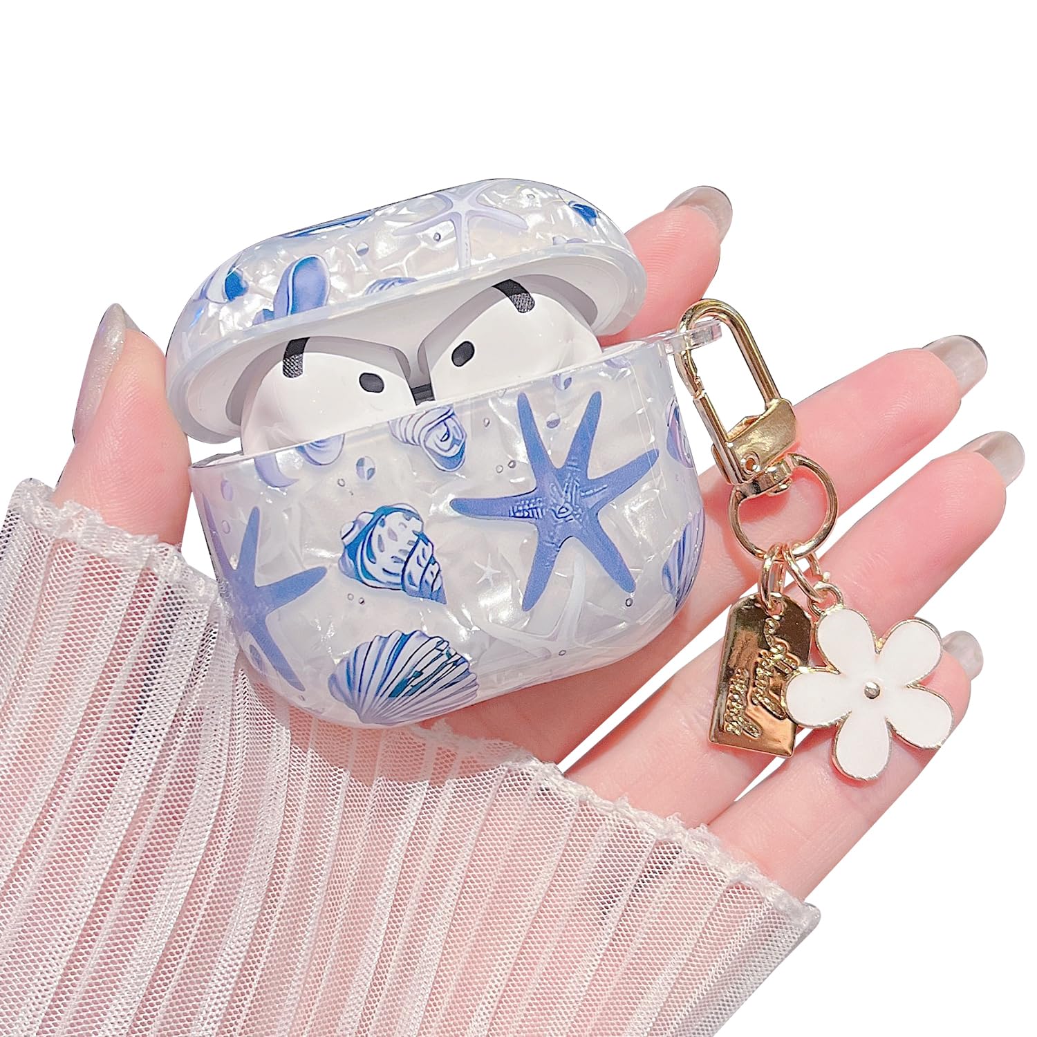 MINSCOSE for AirPods 4 Clear Case,Cute Glitter Seashell and Starfish Pattern Design with Folral Keychain,Soft TPU Protective Cover for Girls Women for AirPods 4-Blue