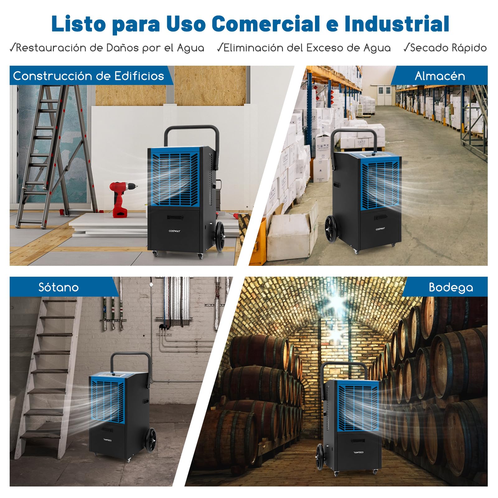 GOPLUS Deshumidificador Industrial 66L 418m2, Industrial con Temporizador 24H, Bomba, Manguera, Deshumidificador Portátil con 4 Ruedas para Sótano, Almacén, Restauración de Daños por Agua (Azul)