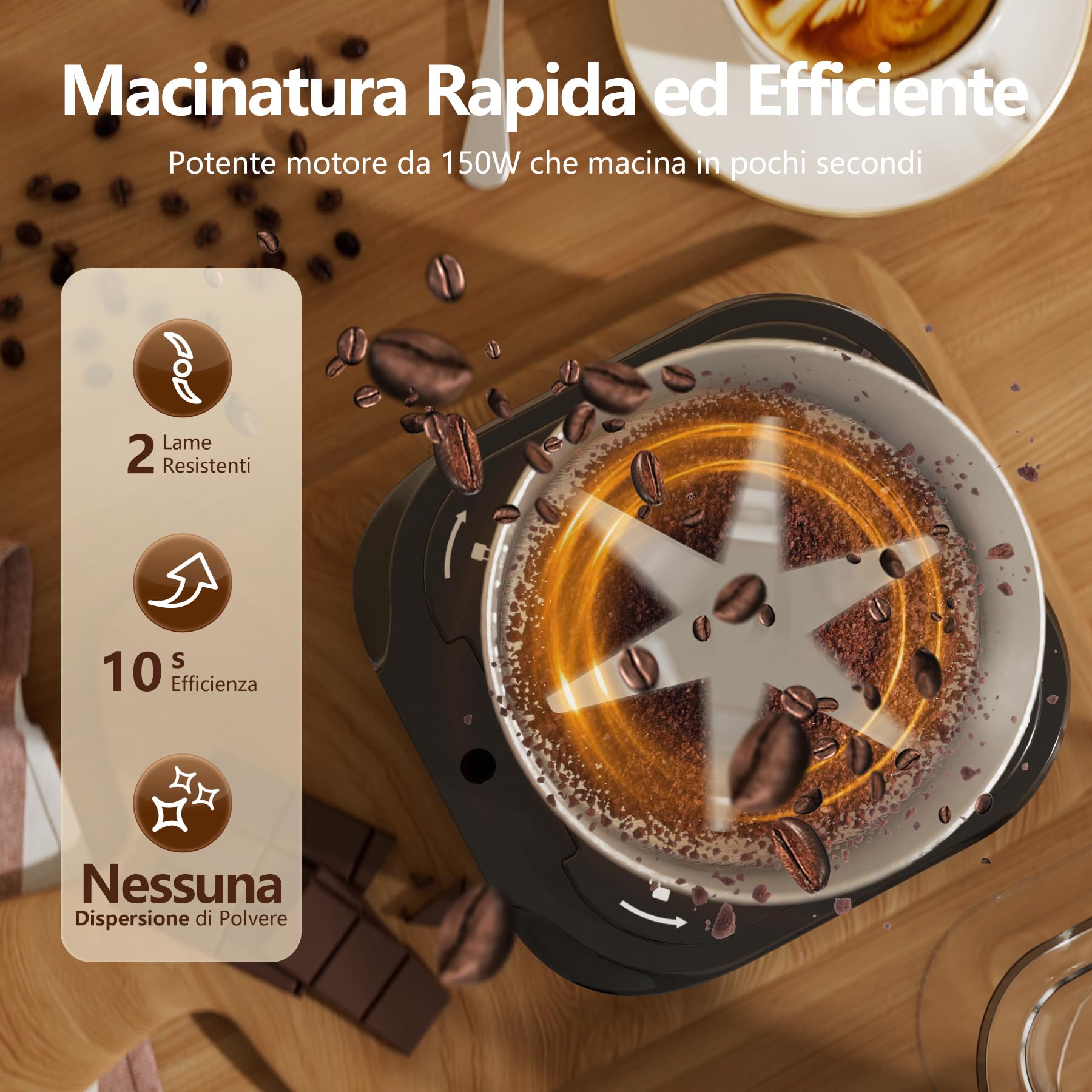 QEXREED Macina Caffe' Elettrico 150W, Macinacaffè Elettrico con Contenitori Rimovibili in acciaio inossidabile, 60g Capacità, per Chicchi di Caffè, Spezie, Cereali, Pepe, Noci