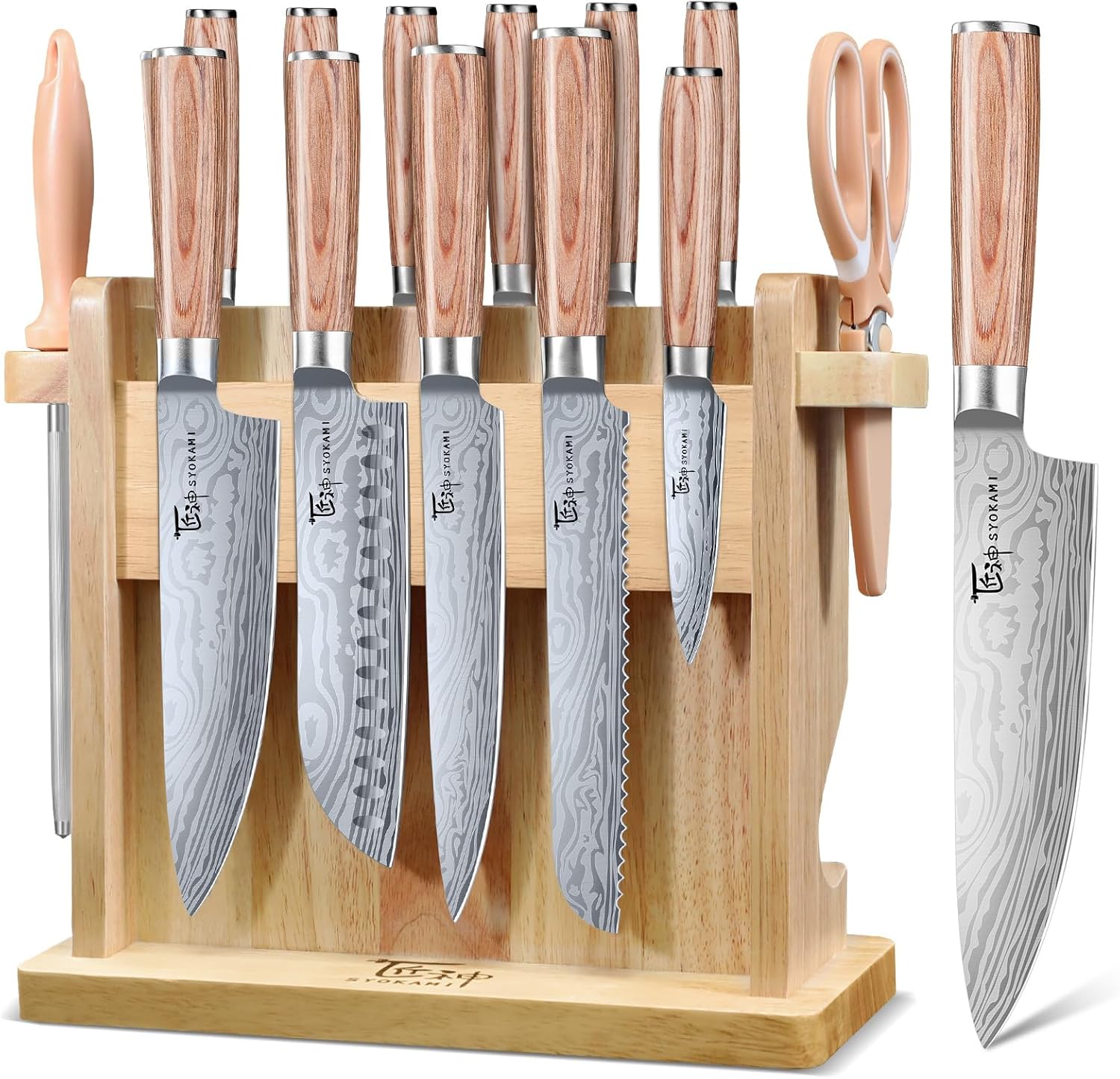 Japanese Knives Set for Kitchen with Block, 14 PCS Magnetic Knife Set with Holder and Sharpener, Wooden handle, Stainless Steel Knife Set, Ideal as a Gift