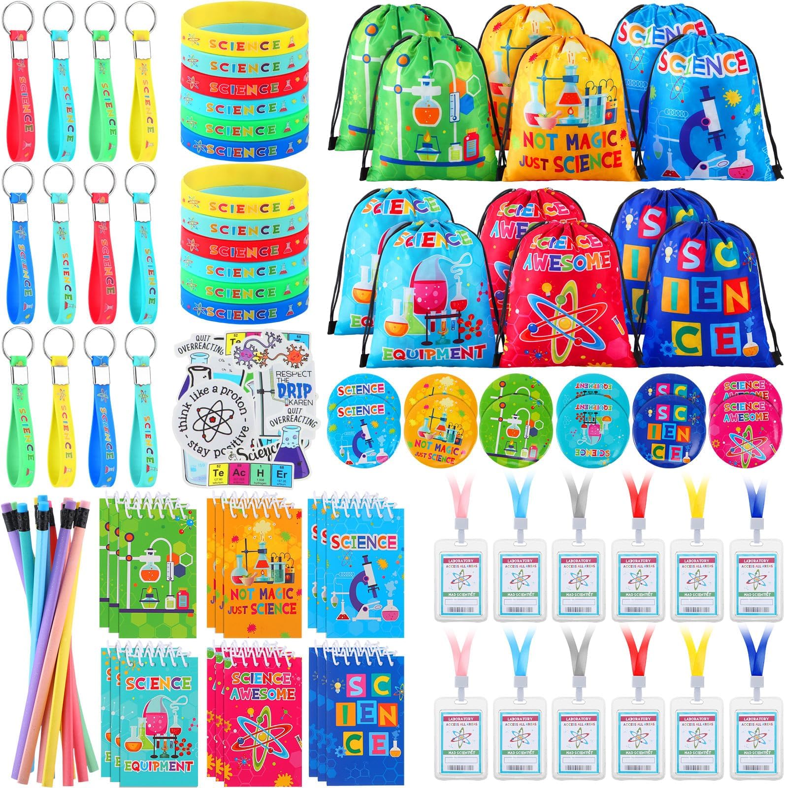 Zhanmai 140 Pcs Science Party Favors Include 12 Keychain 18 Mini Notebooks 50 Science Stickers 12 Bracelets 12 Science Name Badge 12 Drawstring Bags 12 Bendable Pencils 12 Button Pins for Kids Party