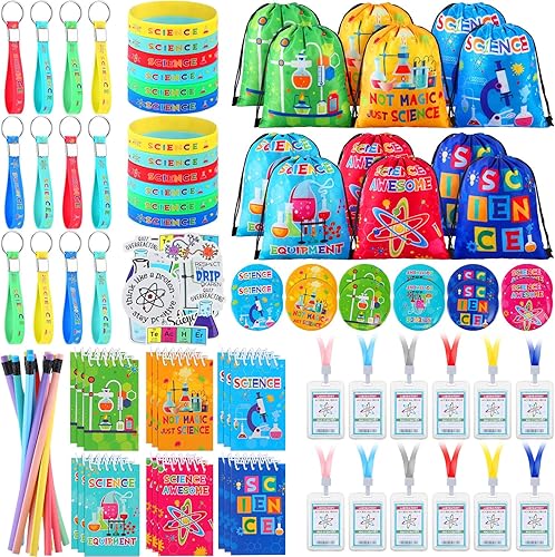 Zhanmai 140 recuerdos de fiesta de ciencia incluyen 12 llavero, 18 mini cuadernos, 50 calcomanías de ciencia, 12 pulseras, 12 insignias de nombre de