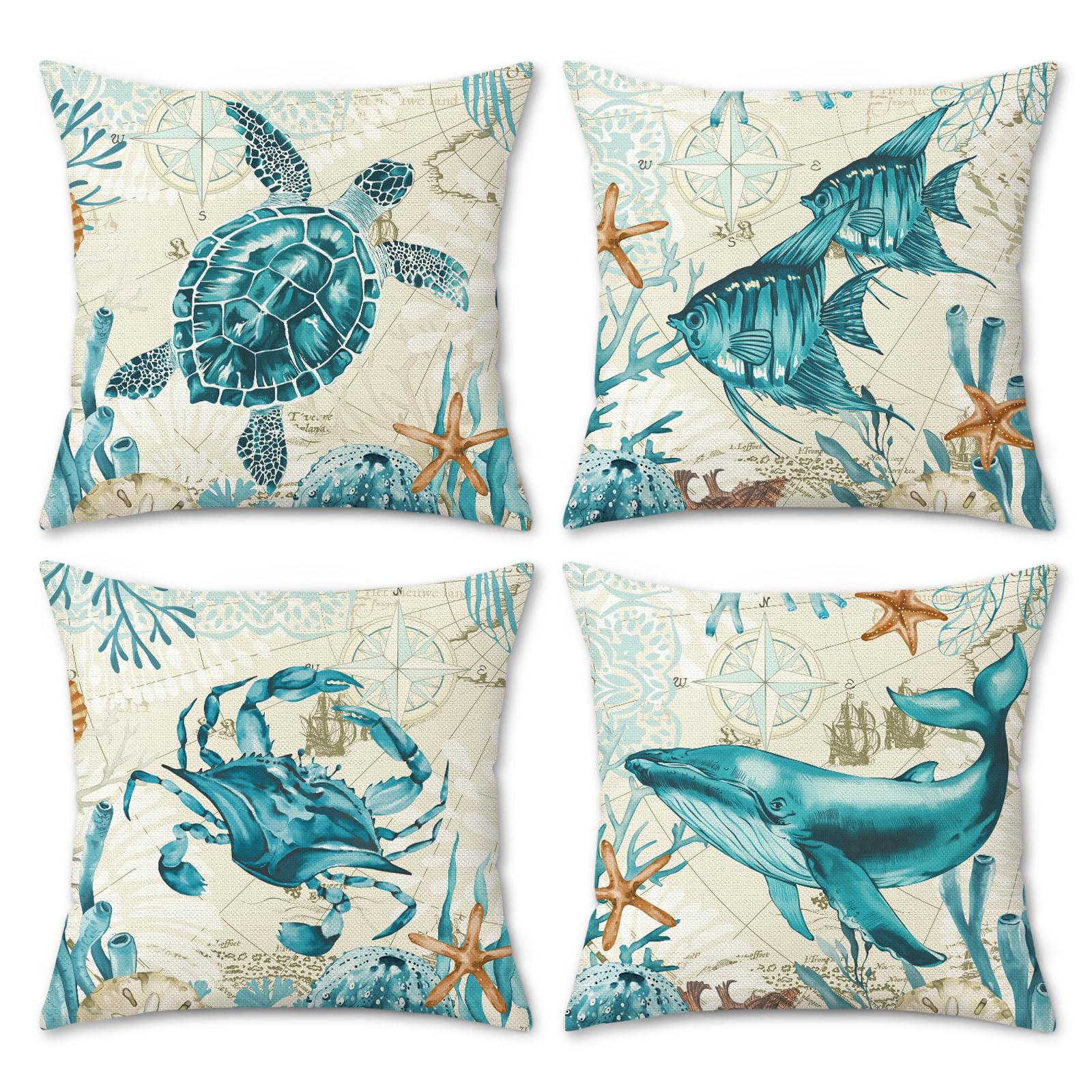 COZZSNUGE Vintage Nautical Coastal Cushion Covers Sea Turtle Whale Fish Crab Ocean Outdoor Polyester Decorative Pillowcases for Sofa Bed Home Patio 45 x 45 cm Set of 4