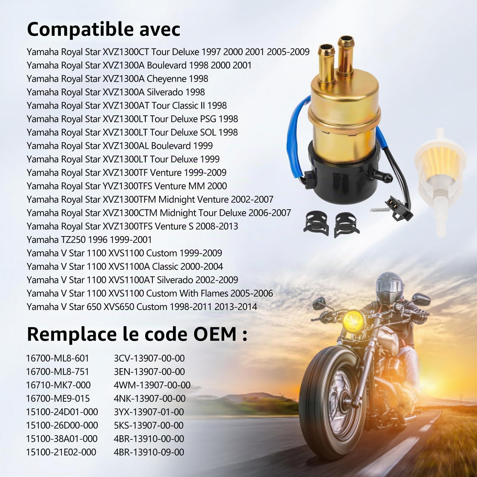 Road Passion Pompe à Carburant électrique 12v pour V star 650/1100 XVS650/XVS1100 //Virago 535/1000/1100 //Vmax 1200 //XJ600S Seca II //TZ250