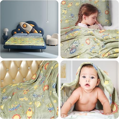 Miniatura 6 de Manta de dibujos animados que brilla en la oscuridad y funda de almohada para niños (astronauta multicolor, manta (50 x 60 pulgadas) (20 x 30