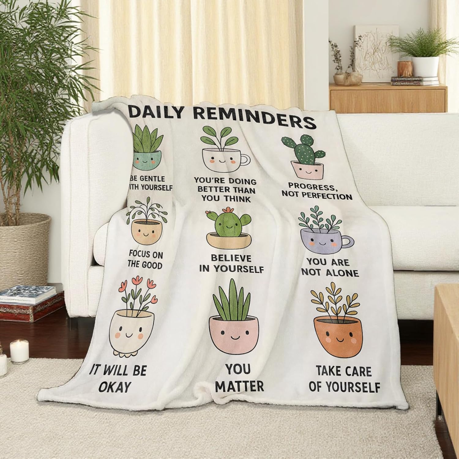 Cute Plant Throw Blanket Soft Cozy Lightweight Flannel Blankets with Inspirational Potted Botanical Printed for Teens Adults Bedroom Dorm Office Minimalist Decor Gifts 50x60 Inch - Image 2
