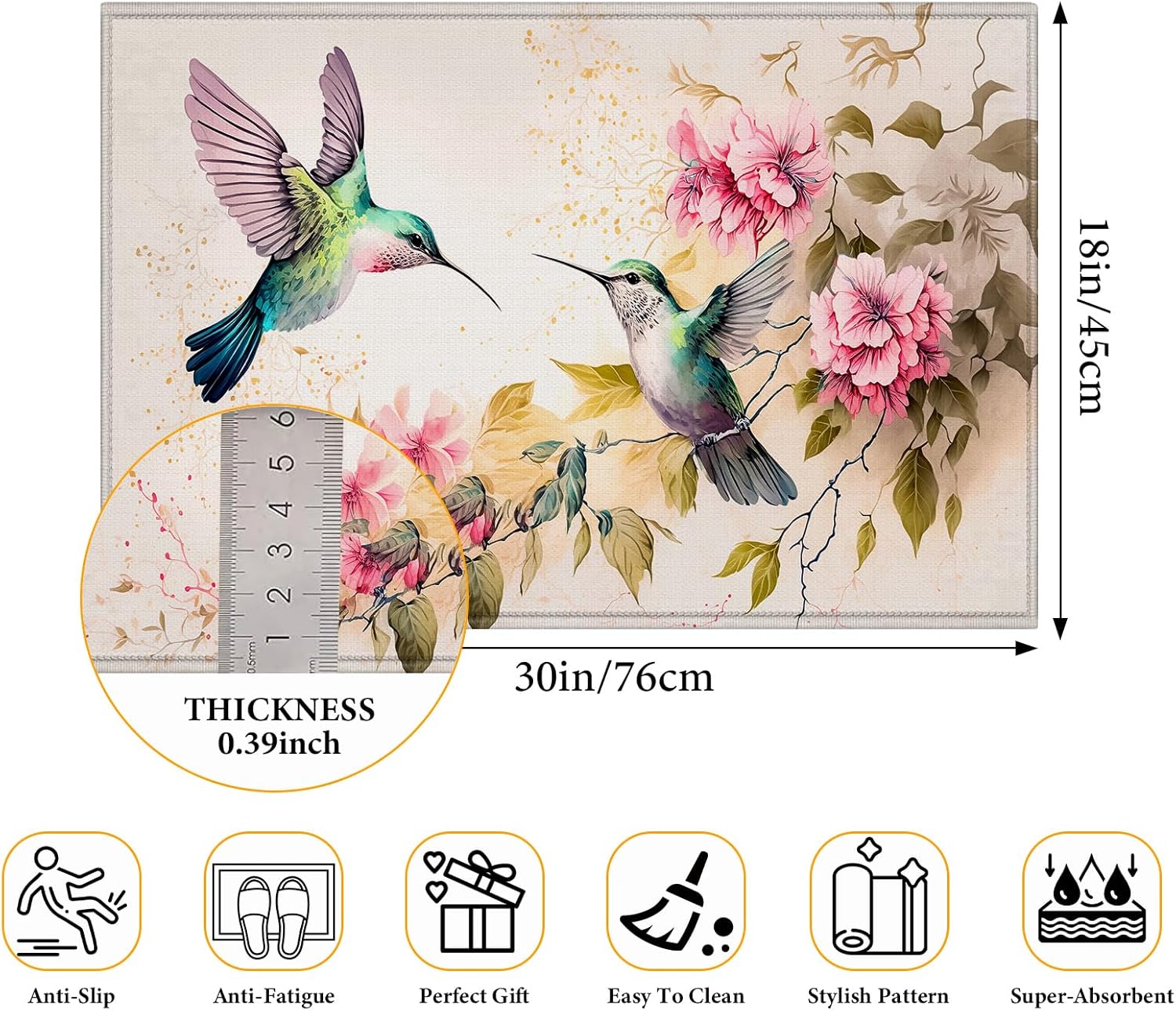 Hummingbirds Flowers Indoor Door Mat - Absorbent, Anti-Slip Low Profile Doormat for Entryway 17"x29.5"