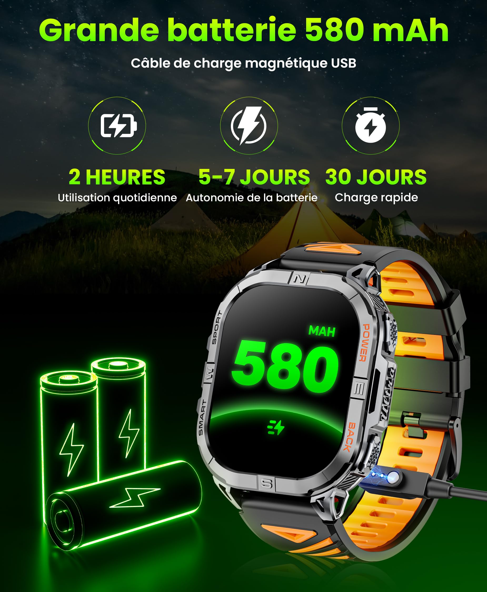 GPS Montre Connectée Homme, 2,13" AMOLED Militaire Smartwatch avec Torche LED/Boussole/100+ Modes Sportifs/580mAh Batterie/Surveillance Santé/Appels Bluetooth pour Android iOS (Noir)