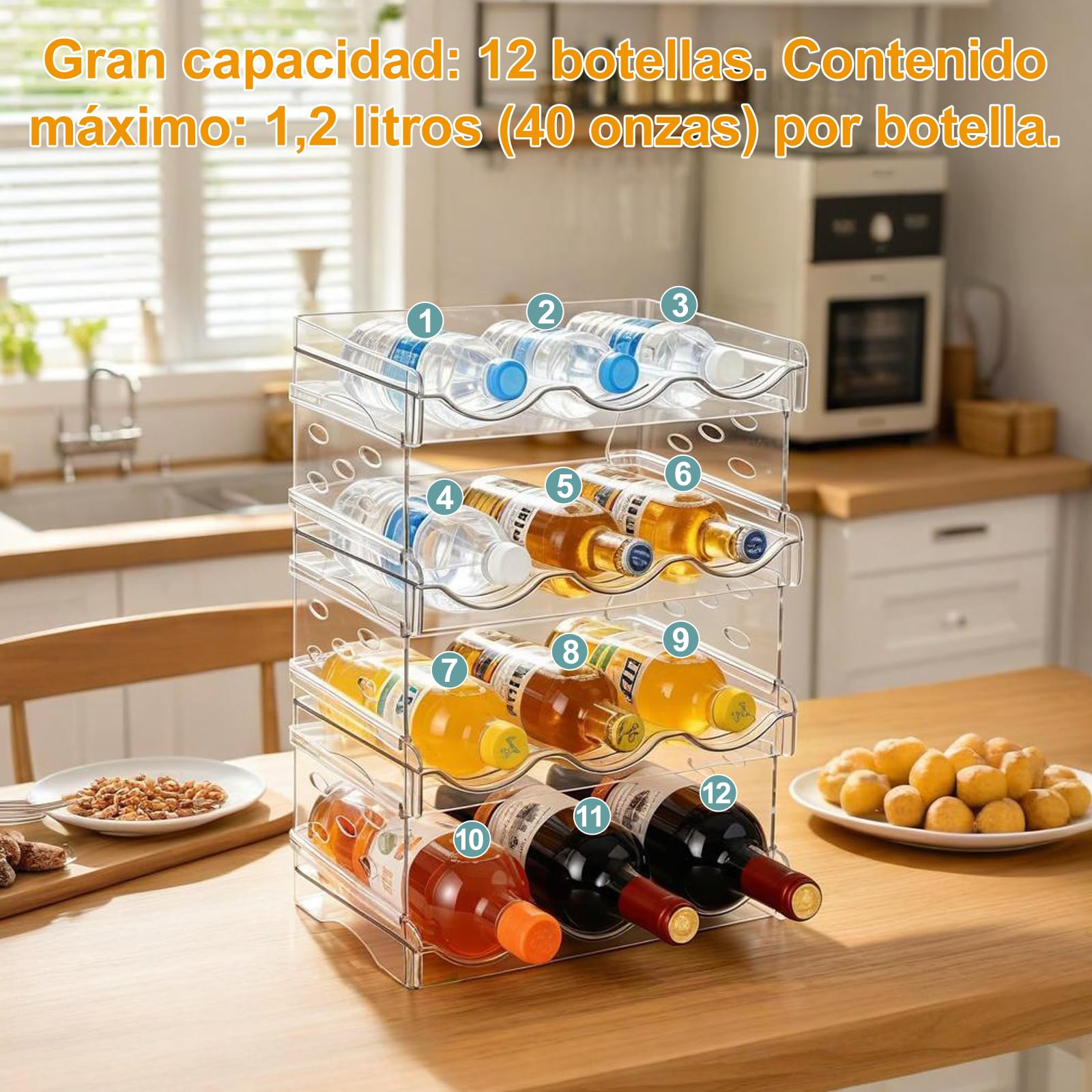 Botellero apilable Transparente de 4 Niveles, 12 litros - para Vino, Agua y zumos, Organizador para encimera, frigorífico, Armario o despensa, plástico Resistente 38x20x38 cm