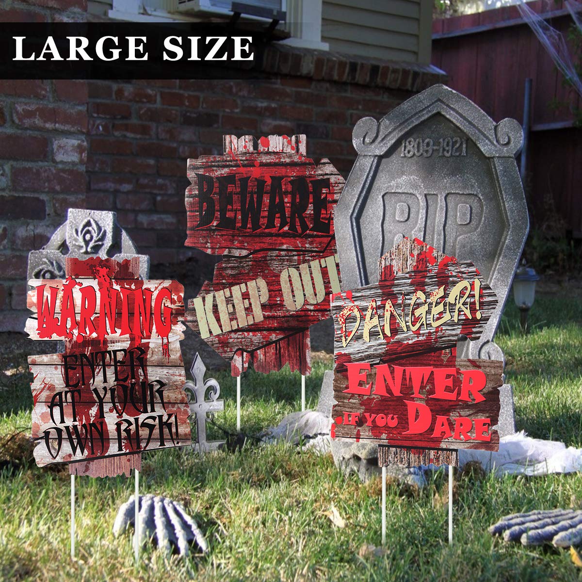 Amazon Com Beware Signs Yard Stakes Outdoor Creepy Assorted Warning Sign 15 7 X 11 8 Large Sizes Scary Zombie Party Decor Supplies 3pcs Halloween Decorations Clearance Garden Outdoor