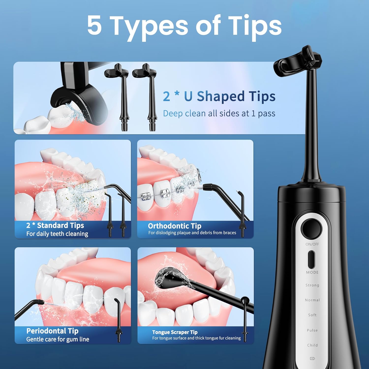 Image displaying the five different types of jet tips included with the water flosser: U-shaped, Standard, Orthodontic, Periodontal, and Tongue Scraper.