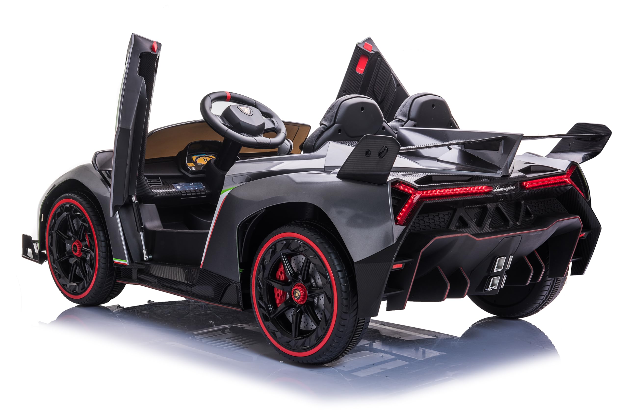 FINOOS Auto macchina elettrica per bambini Lamborghin Veneno 24V 2 posti, 4X4, sedile in pelle, ruote in gomma con telecomando 2,4 GHz da 1 a 7 anni (Grigio metallizzato)