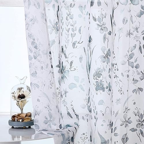 Miniatura 2 de Fragrantex Cortinas traslúcidas de acuarela floral azul y gris de 84 pulgadas de largo para sala de estar, estampado botánico, tela texturizada de