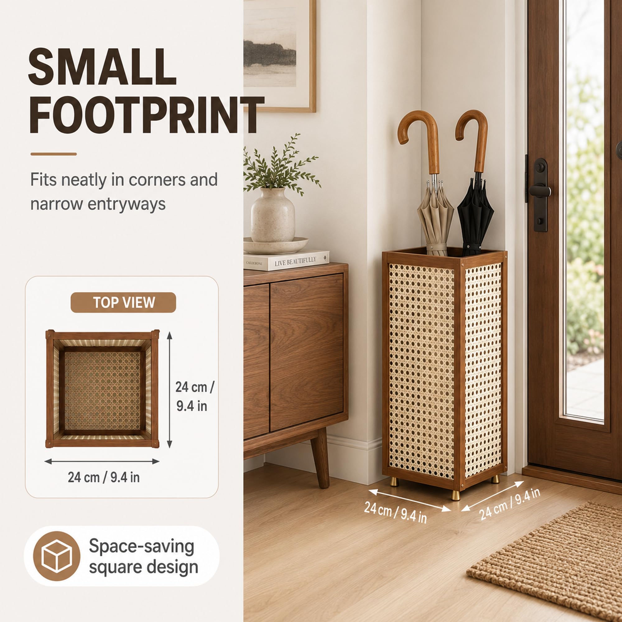 Portaombrelli Bambù Grande Capienza, Vassoio Goccia E Ganci Rimovibili | Portaombrelli Quadrato Tessuto Traspirante Per Ingresso, Cesto Decorativo Casa E Ufficio(Brown)