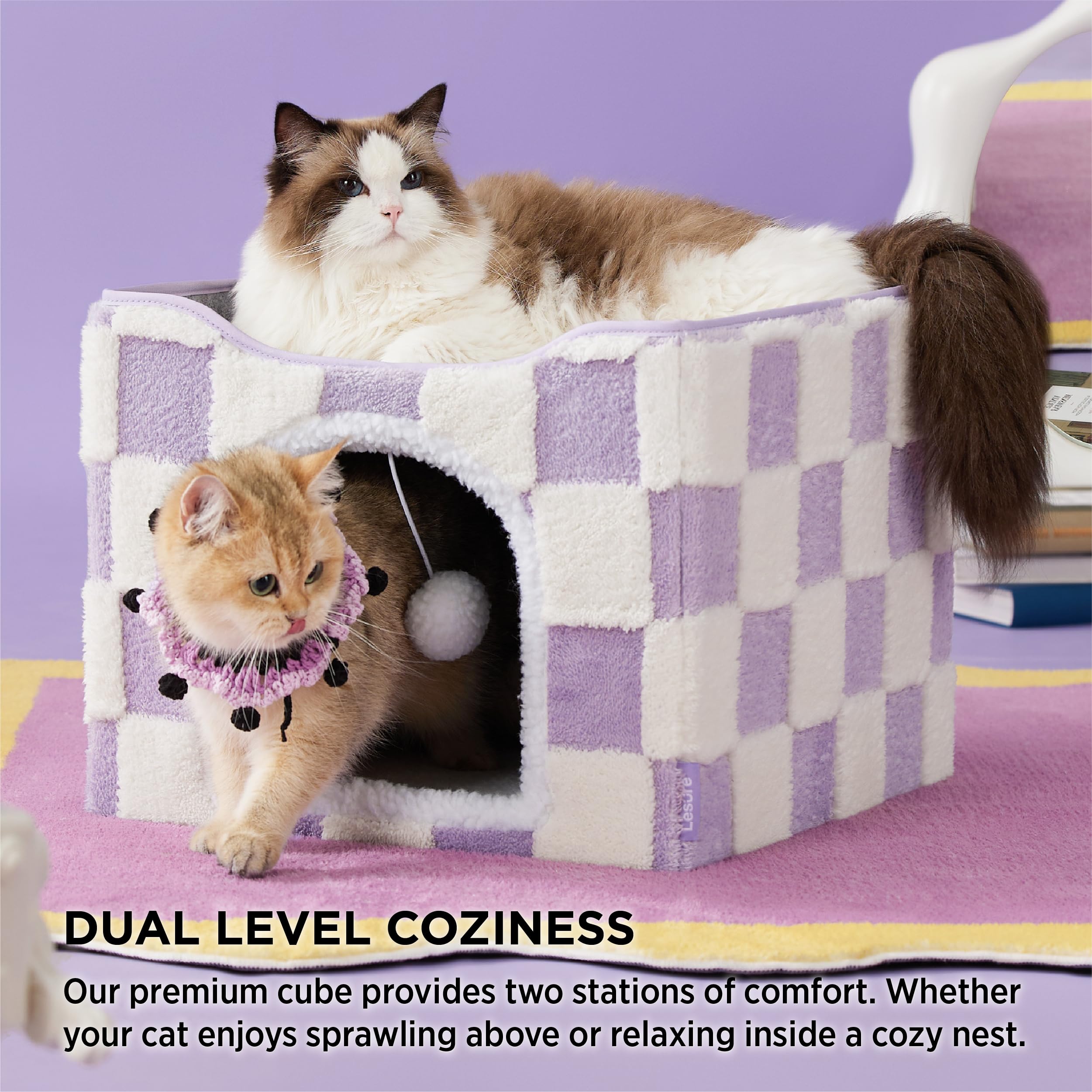 Lesure Indoor Cat Beds Kitten House - Large Cat Cave for Pet Cube with Fluffy Ball Hanging, Foldable Small Animal Hideaway, 16.5x16.5x13 inches, Lavender Checks