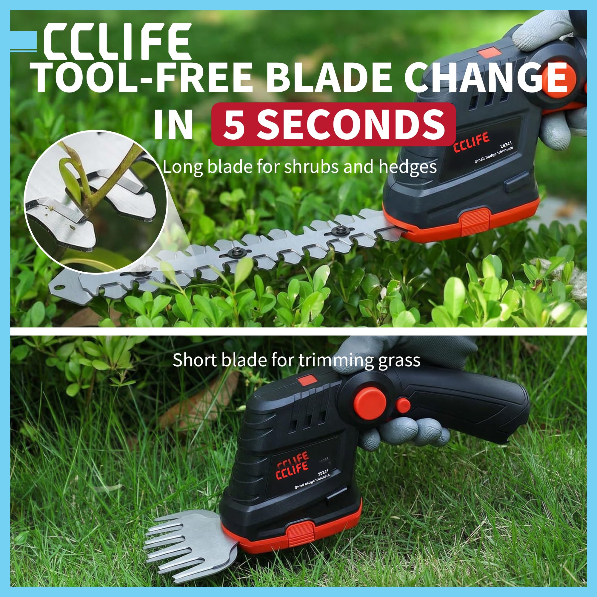 CCLIFE Tagliasiepi 2 in 1, batteria 10,8 V, 120/200 mm, giardino | Cesoie da potatura senza fili con 2 lame per erba e siepi, compatte, precise e ideali per piccoli giardini.