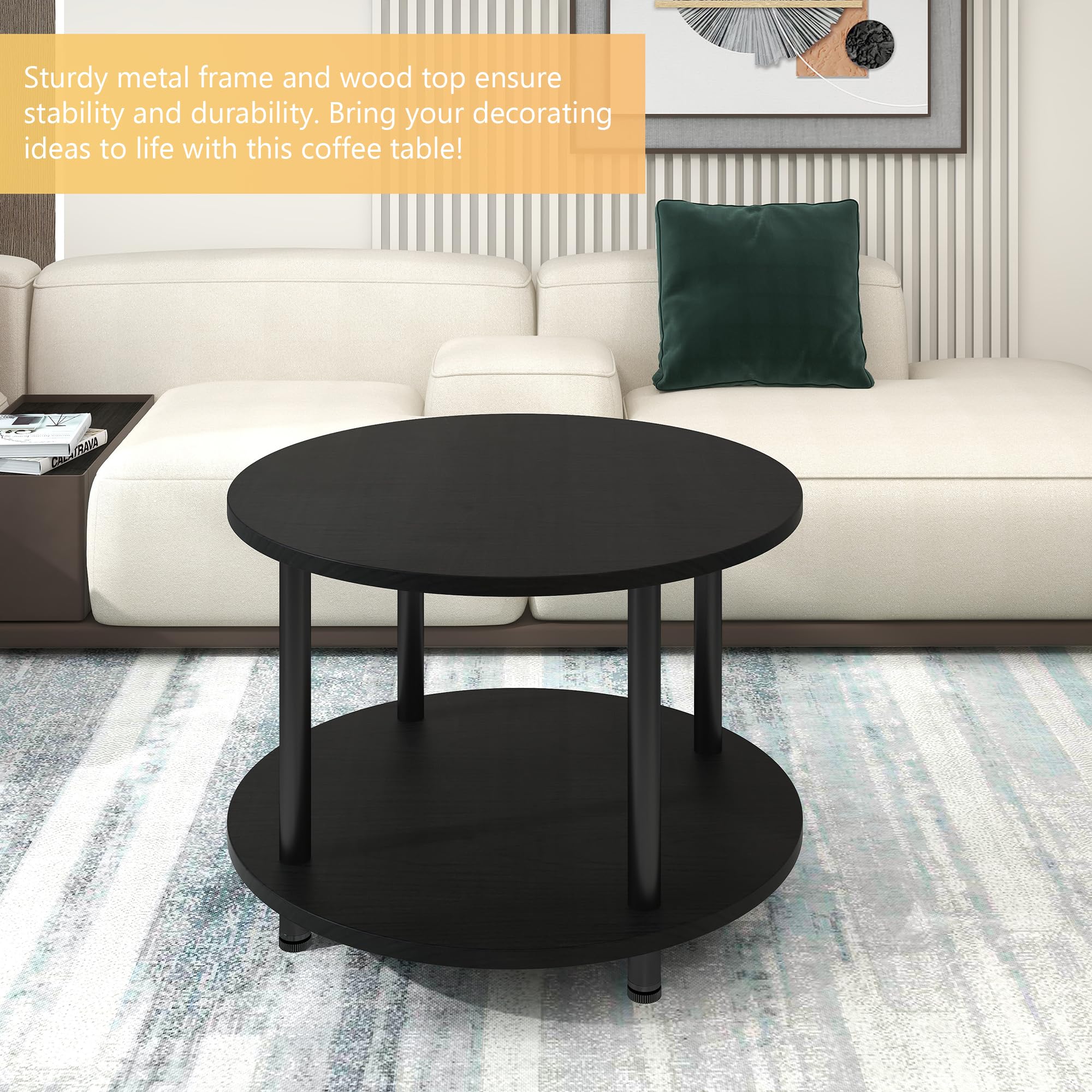 Couchtisch Rund, 2 Ablagen, Wohnzimmertisch, Beistelltisch, Kaffeetisch, Sofatisch, für Wohnzimmer, Schlafzimmer, stabiles Metallgestell/MDF Platte, 60 x 60 x 48.5 cm, schwarz-schwarz
