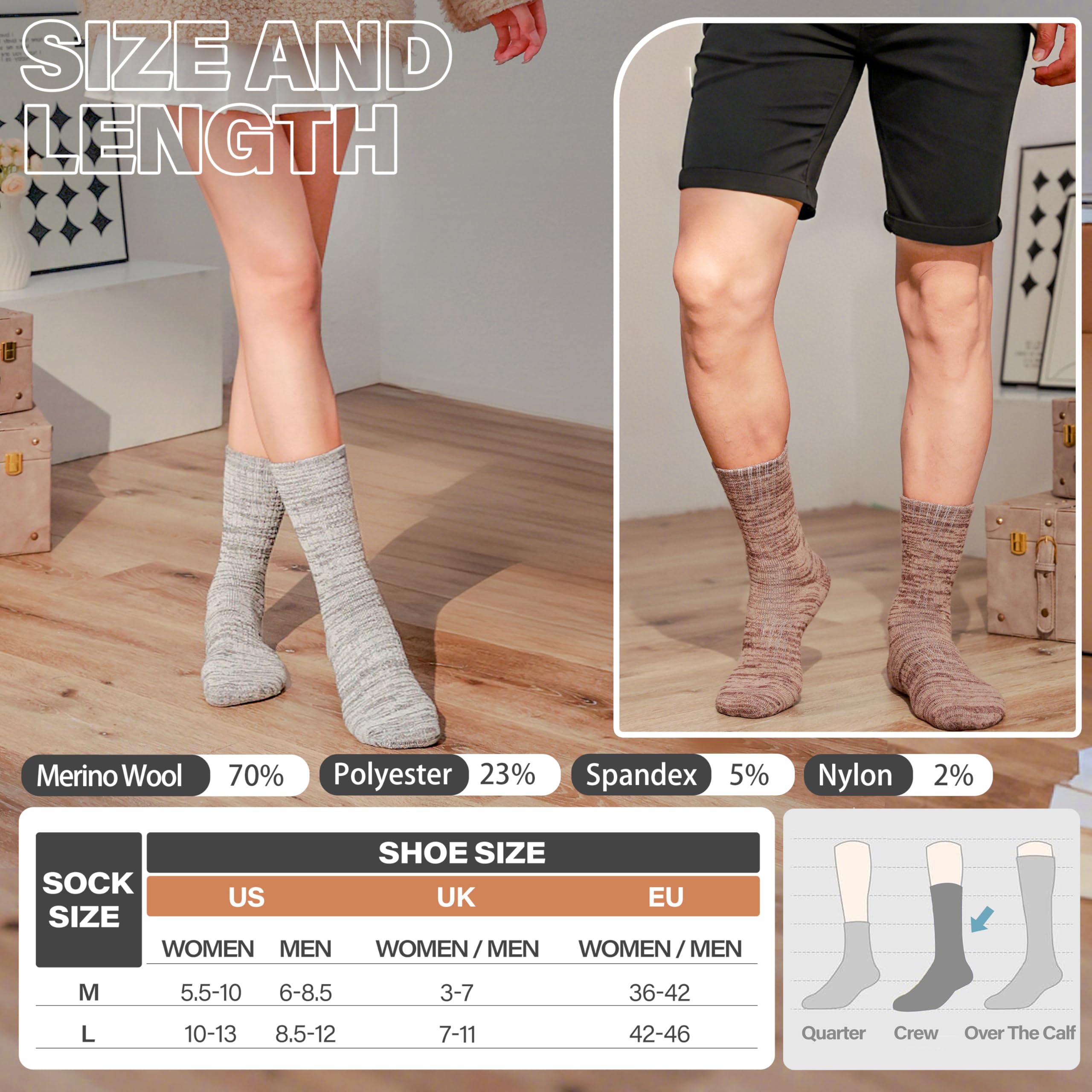 Anlisim Warme Wandersocken aus Merinowolle, extra dick, Winter, gemütlich, Crew, bequeme Dämpfung, Arbeit, Damen und Herren, 4 Paar