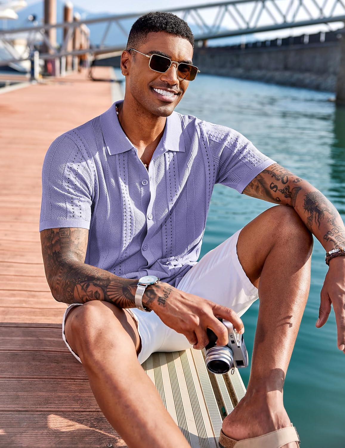 COOFANDY Men's Knit Shirts Short Sleeve Button Down Polo Shirt Fashion Casual Summer Beach Shirts