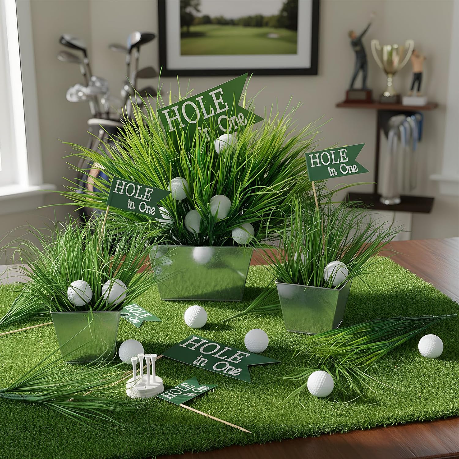 8 Set 162 Pcs Golf Party Table Decorations Sport Themed Party Centerpieces Includes 8 Metal Bucket 24 Mini Golf 120 Artificial Grass 8 Flags and 2Flower Mud for Sport Birthday Decor(Square)